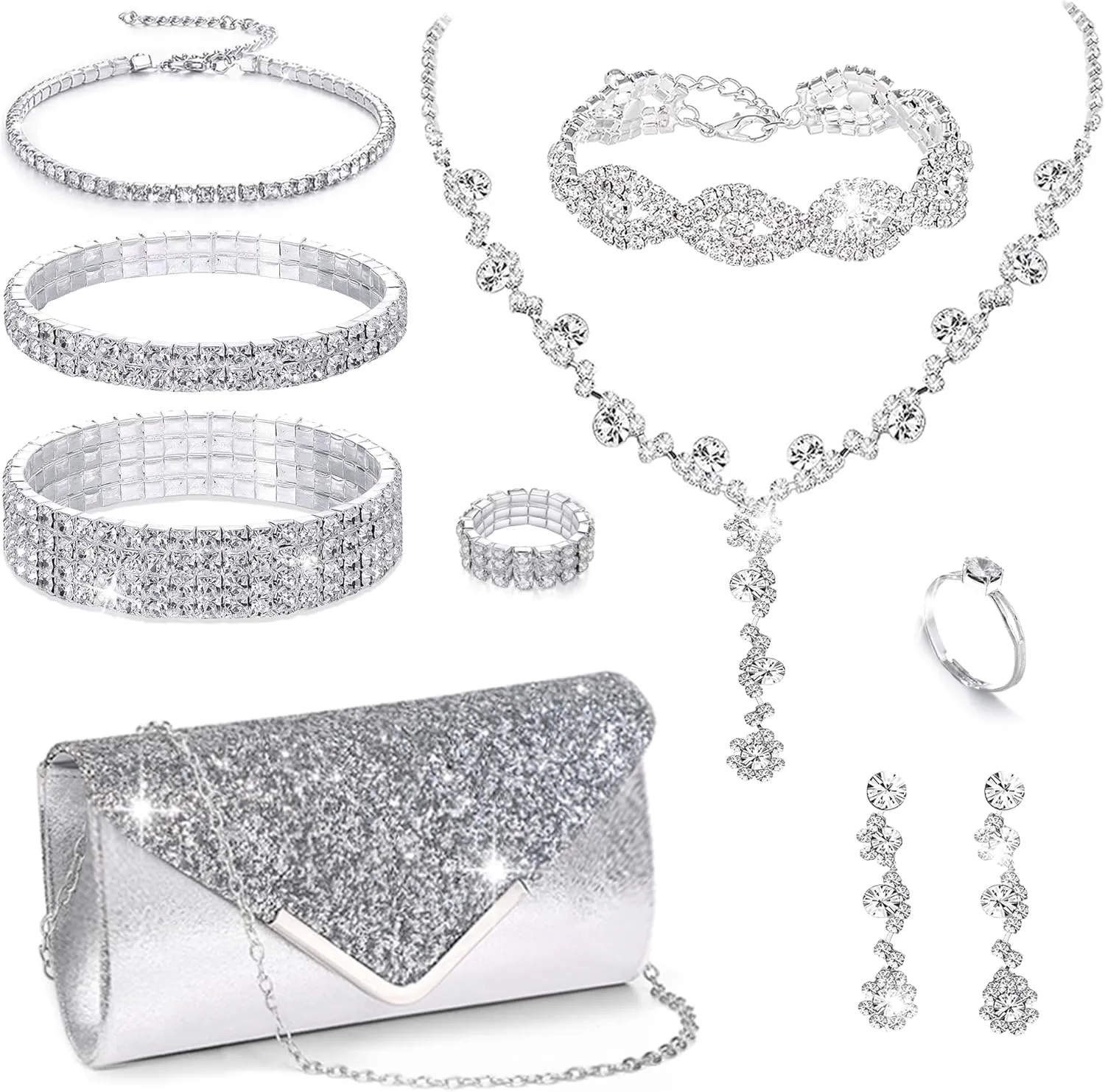 10Pcs Silver Rhinestone Jewelry Set for Women Bride Wedding Prom Jewelry Evening Rhinestone Sparkly Clutch Purse Bag Necklace Tennise Layered Bracelets CZ Ring Crystal Drop Earring Set Silver Shiny Costume Kit