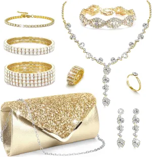 10Pcs Silver Rhinestone Jewelry Set for Women Bride Wedding Prom Jewelry Evening Rhinestone Sparkly Clutch Purse Bag Necklace Tennise Layered Bracelets CZ Ring Crystal Drop Earring Set Silver Shiny Costume Kit