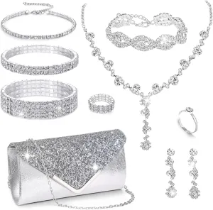 10Pcs Silver Rhinestone Jewelry Set for Women Bride Wedding Prom Jewelry Evening Rhinestone Sparkly Clutch Purse Bag Necklace Tennise Layered Bracelets CZ Ring Crystal Drop Earring Set Silver Shiny Costume Kit