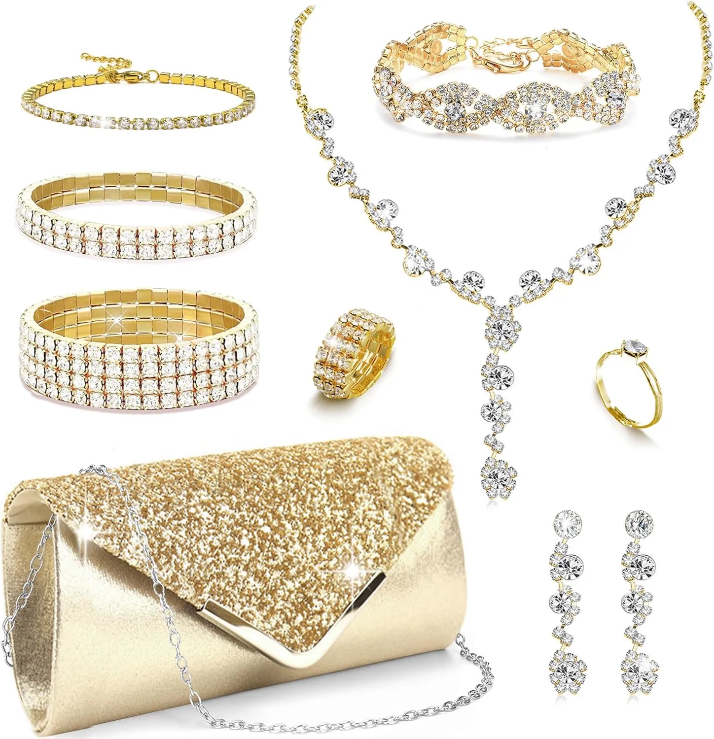 10Pcs Silver Rhinestone Jewelry Set for Women Bride Wedding Prom Jewelry Evening Rhinestone Sparkly Clutch Purse Bag Necklace Tennise Layered Bracelets CZ Ring Crystal Drop Earring Set Silver Shiny Costume Kit