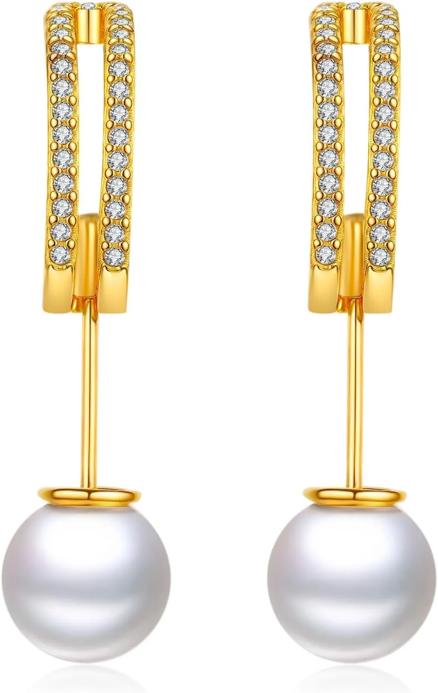 14K White Gold Plated Pearl Drop Earrings with 925 Sterling Silver Post and Cubic Zirconia, Hypoallergenic Small Stud Earrings with Dangling Pearl for Women