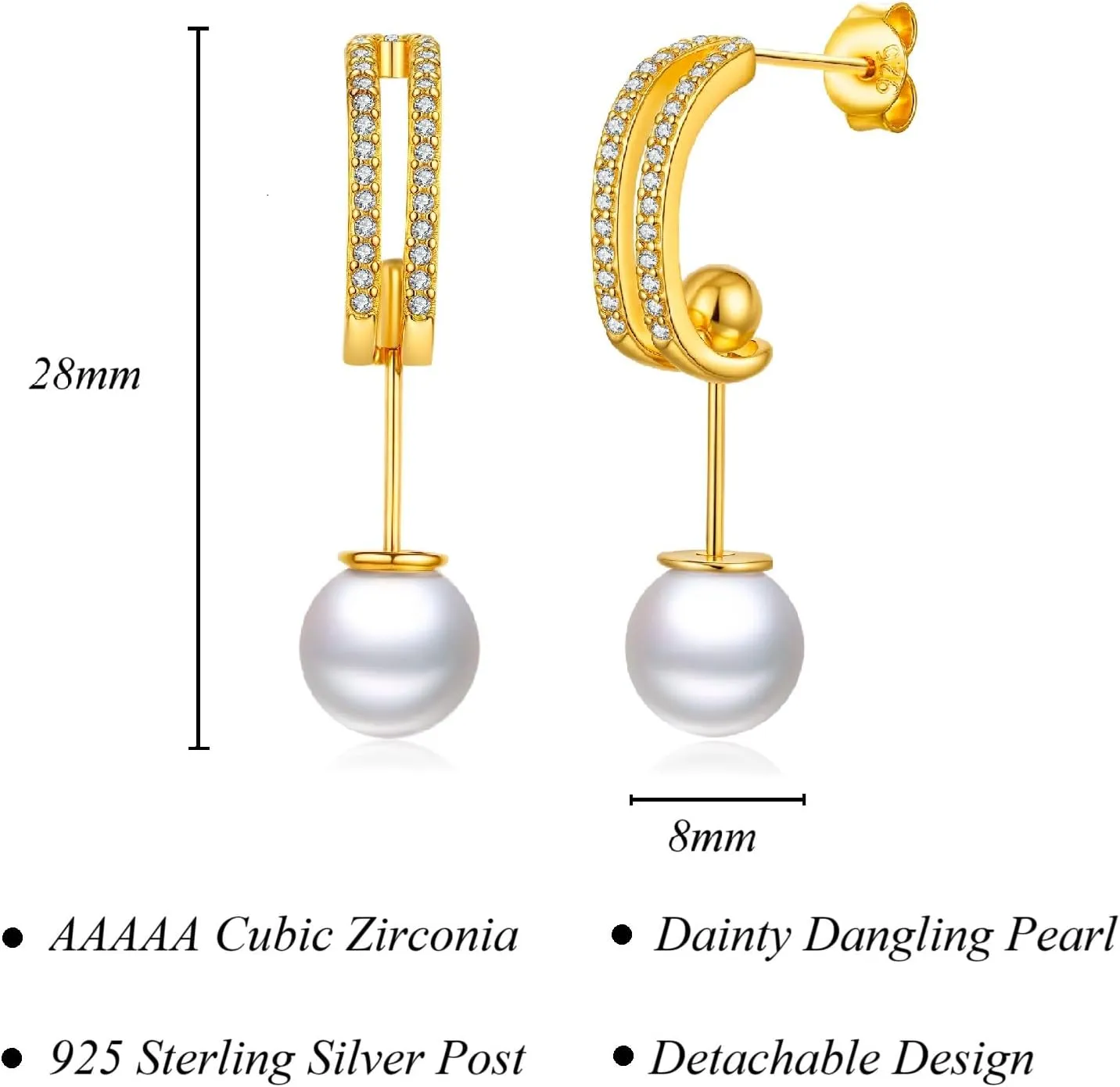 14K White Gold Plated Pearl Drop Earrings with 925 Sterling Silver Post and Cubic Zirconia, Hypoallergenic Small Stud Earrings with Dangling Pearl for Women