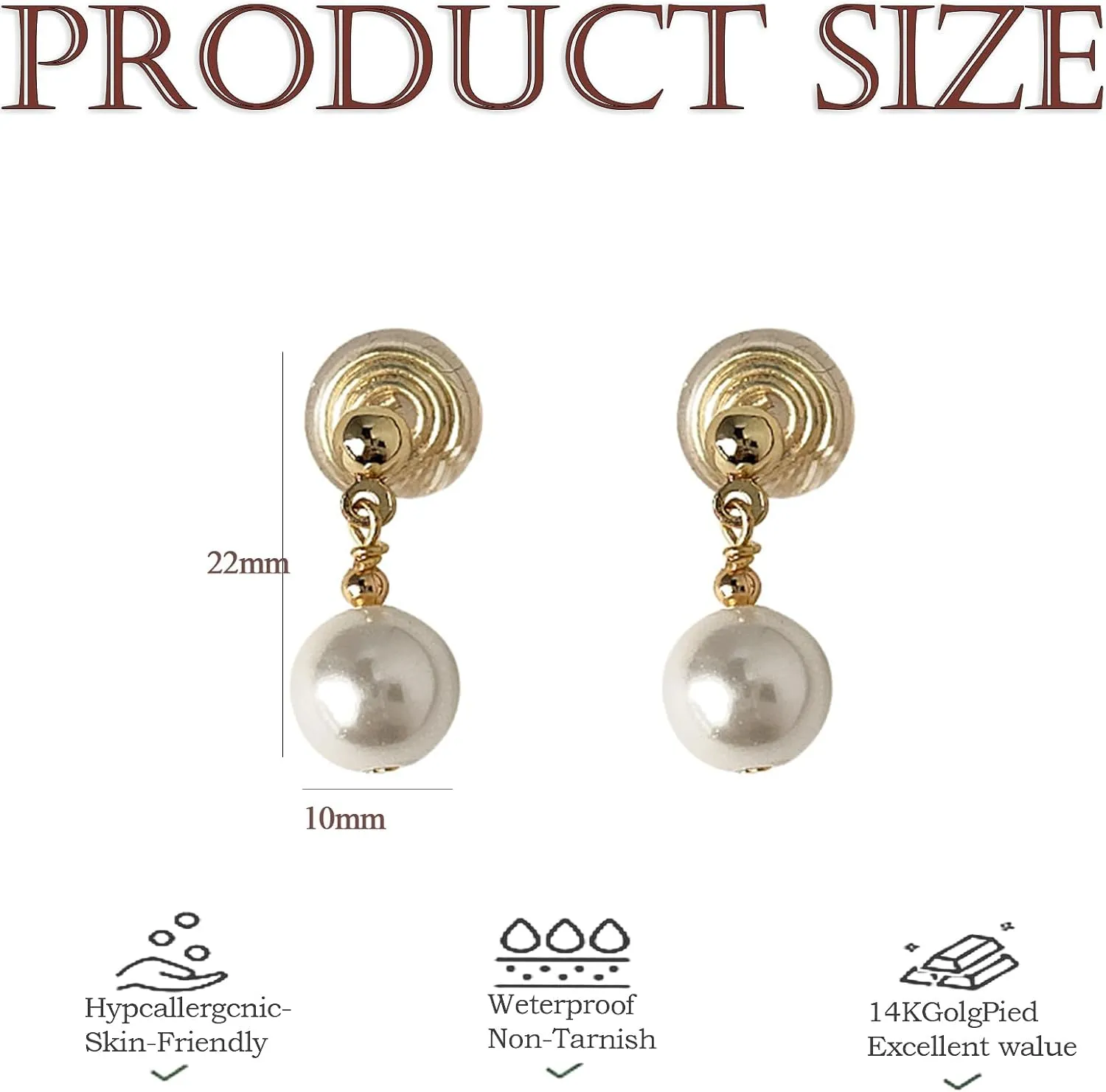 18K Gold Plated Clip-On Earrings - Pearl Drop Non-Pierced Jewelry for Women, Hypoallergenic Lightweight Dangle Earrings for Sensitive Ears