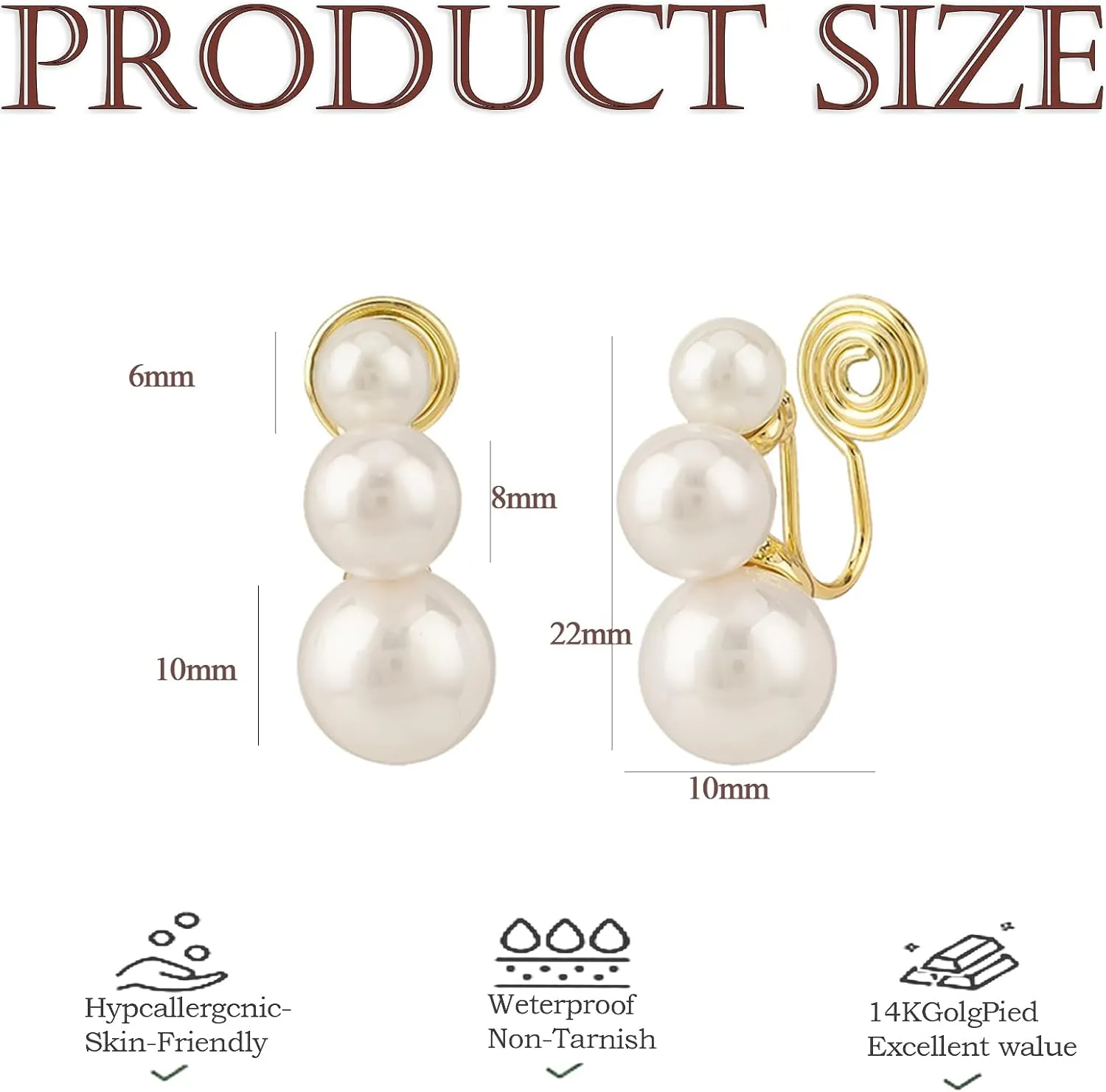 18K Gold Plated Clip-On Earrings - Pearl Drop Non-Pierced Jewelry for Women, Hypoallergenic Lightweight Dangle Earrings for Sensitive Ears