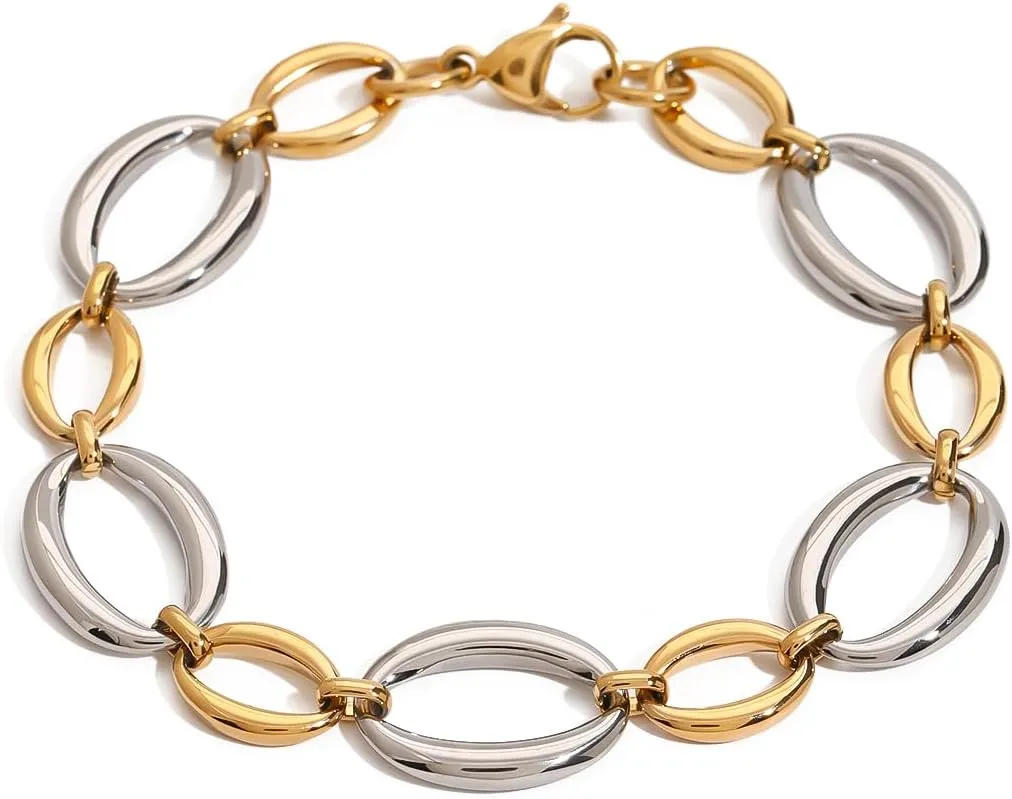 18k Gold Stainless Steel Two-tone O-Link Bracelet 22cm | Modern Fashion Bracelet | Adjustable Jewelry for Women