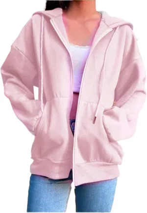 2024 Fall Trendy Hoodie Oversized Solid Long Sleeve Full Zip Up Casual Drawstring Hooded Jacket Loose Open Front Coat