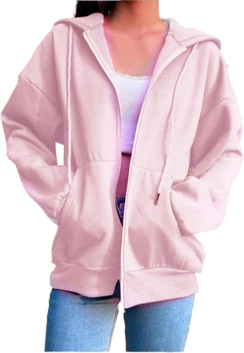 2024 Fall Trendy Hoodie Oversized Solid Long Sleeve Full Zip Up Casual Drawstring Hooded Jacket Loose Open Front Coat