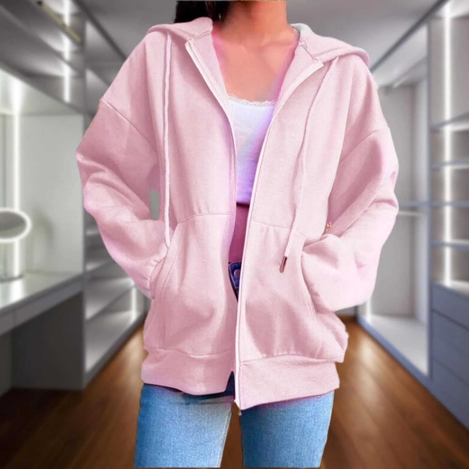 2024 Fall Trendy Hoodie Oversized Solid Long Sleeve Full Zip Up Casual Drawstring Hooded Jacket Loose Open Front Coat