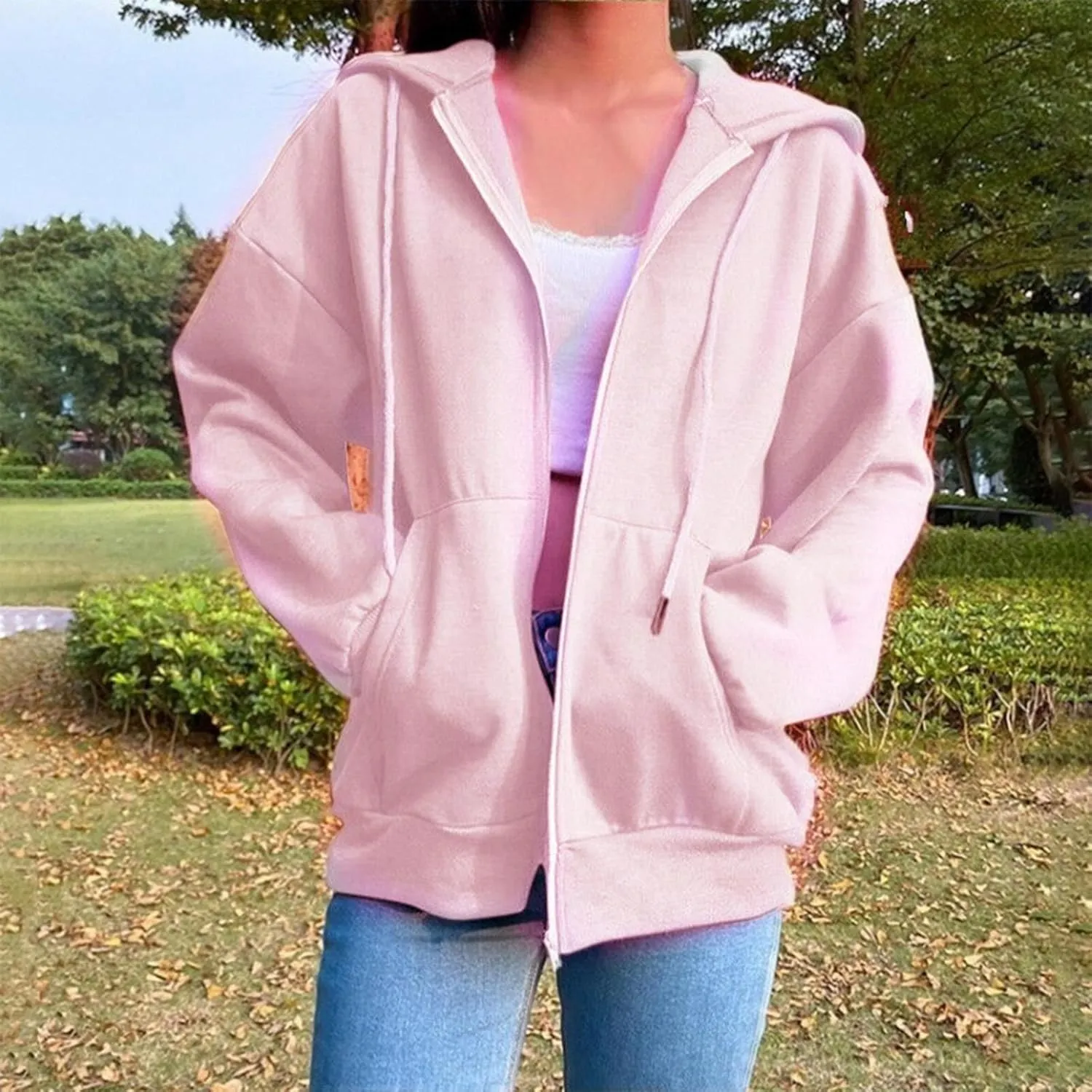 2024 Fall Trendy Hoodie Oversized Solid Long Sleeve Full Zip Up Casual Drawstring Hooded Jacket Loose Open Front Coat