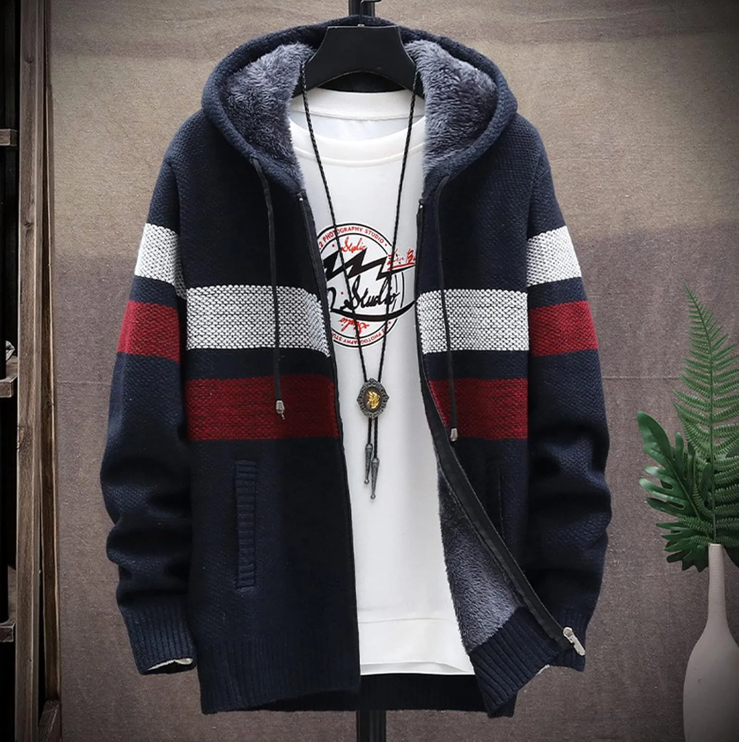 2024 Fashion Knitwear for Men's Sweater Coat Retro Lapel Button Plus Size Cable Knited Cardigan Henley Sweater