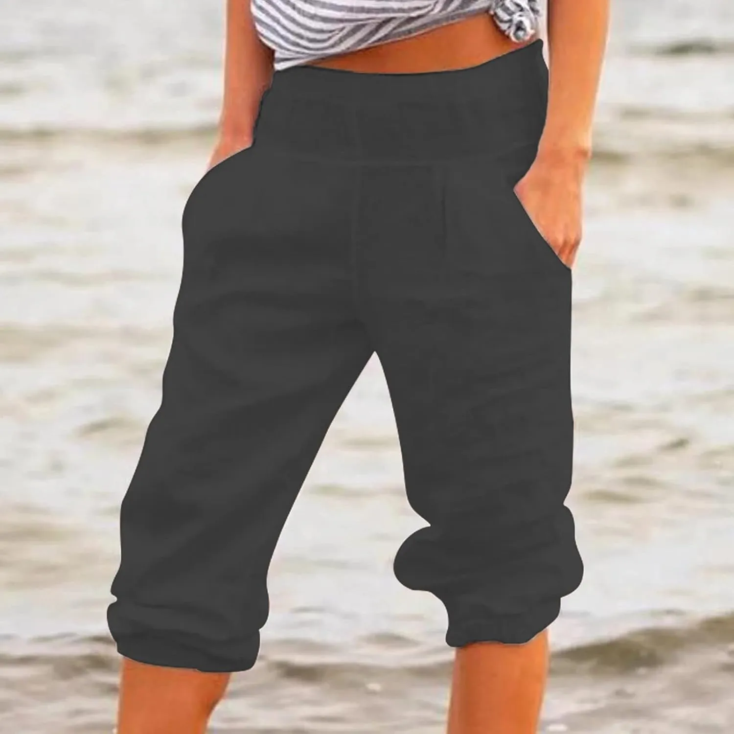 2024 Women's Soft Stretch Yoga Pants Summer Cotton Linen Capris Drawstring Workout Sweatpants Causal Lounge Pants Trousers