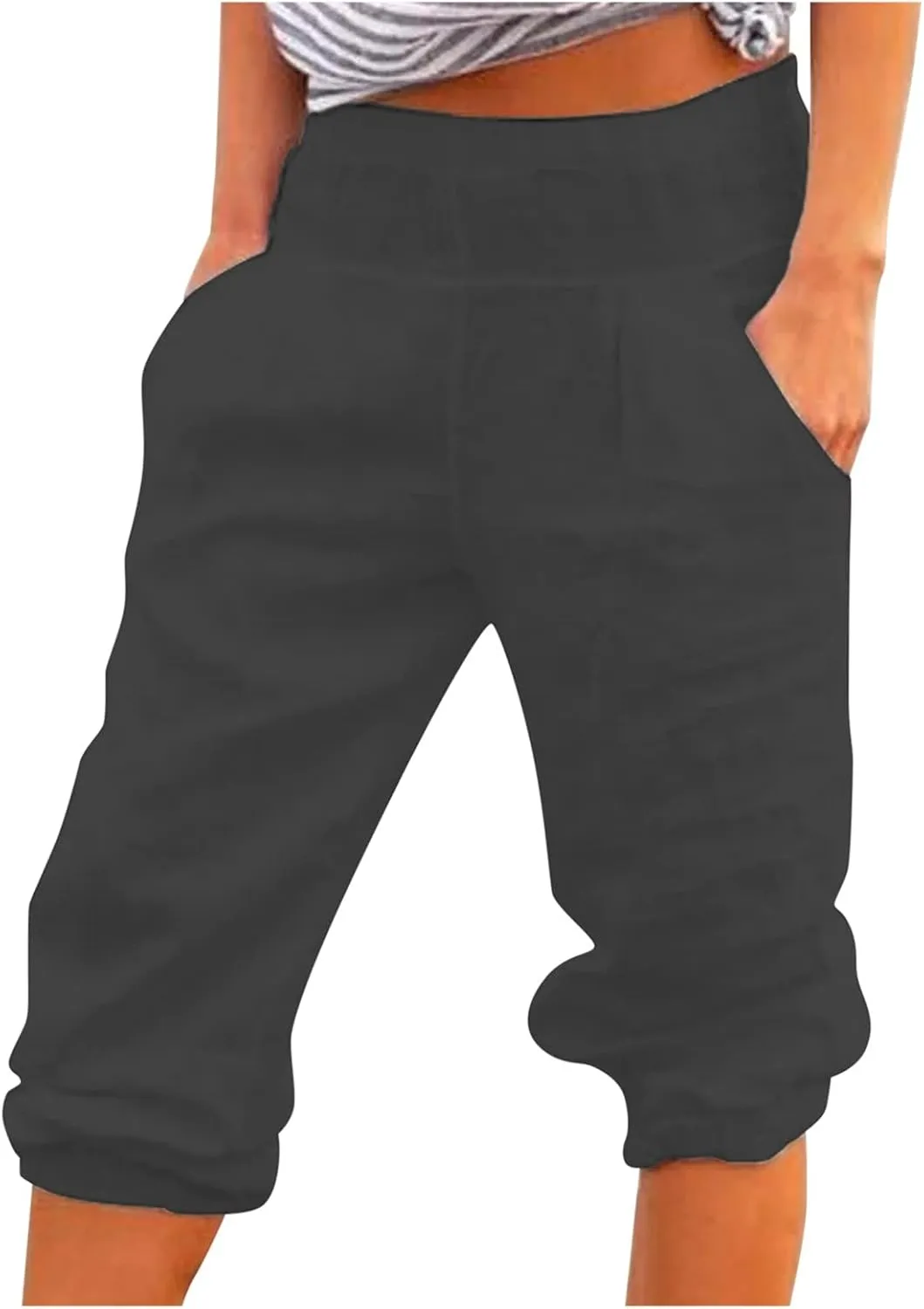 2024 Women's Soft Stretch Yoga Pants Summer Cotton Linen Capris Drawstring Workout Sweatpants Causal Lounge Pants Trousers