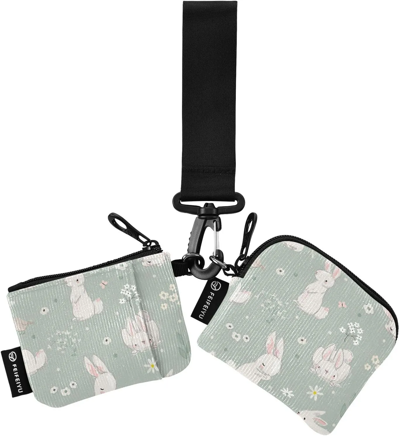 2PCS Coin Purse Wristlet Wallets Keychain Wallet Zip Around Portable Wallet with Detachable Dual Pouch Cute Animals Rabbits