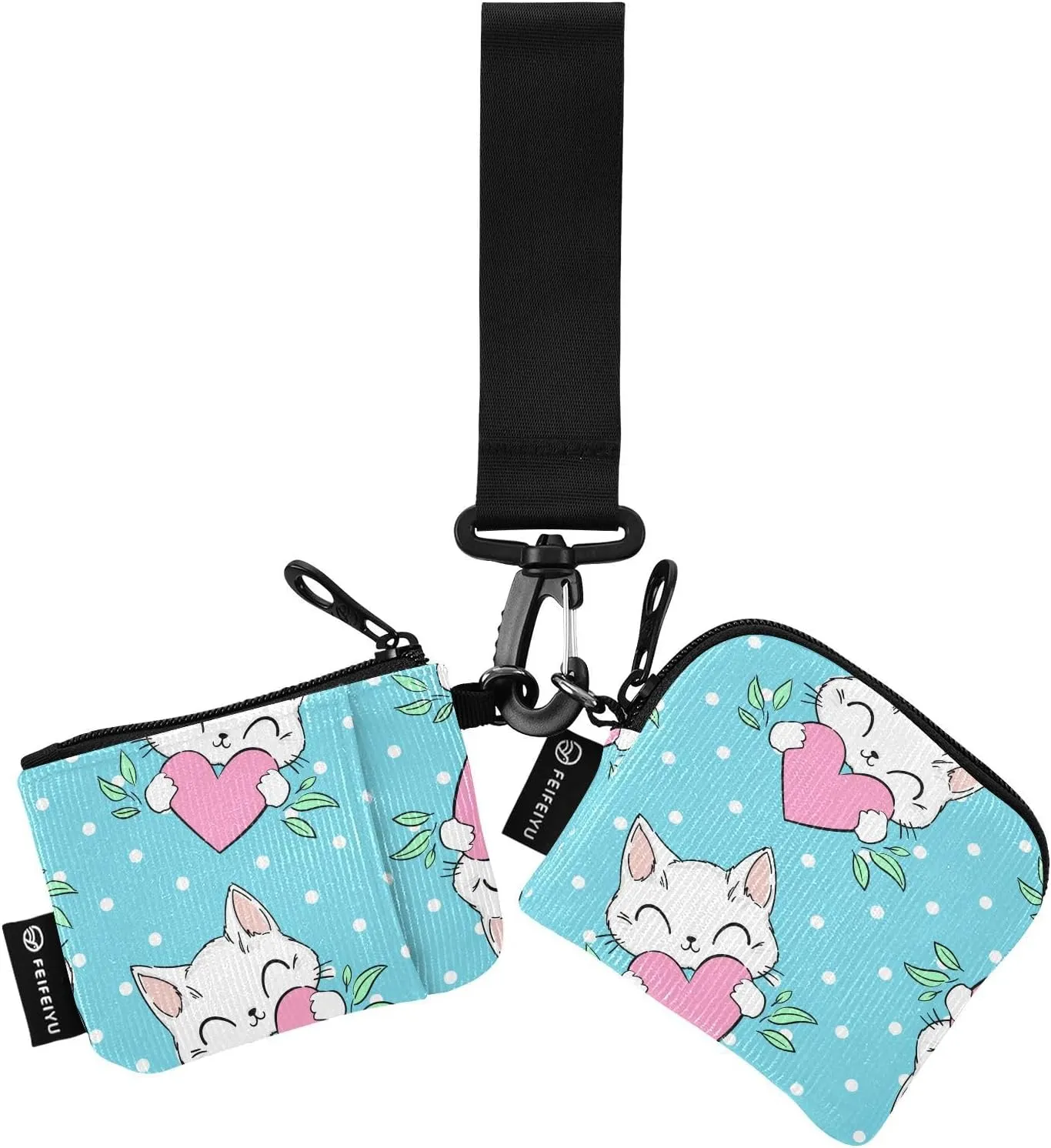 2PCS Coin Purse Wristlet Wallets Keychain Wallet Zip Around Portable Wallet with Detachable Dual Pouch Cute Cat And Heart