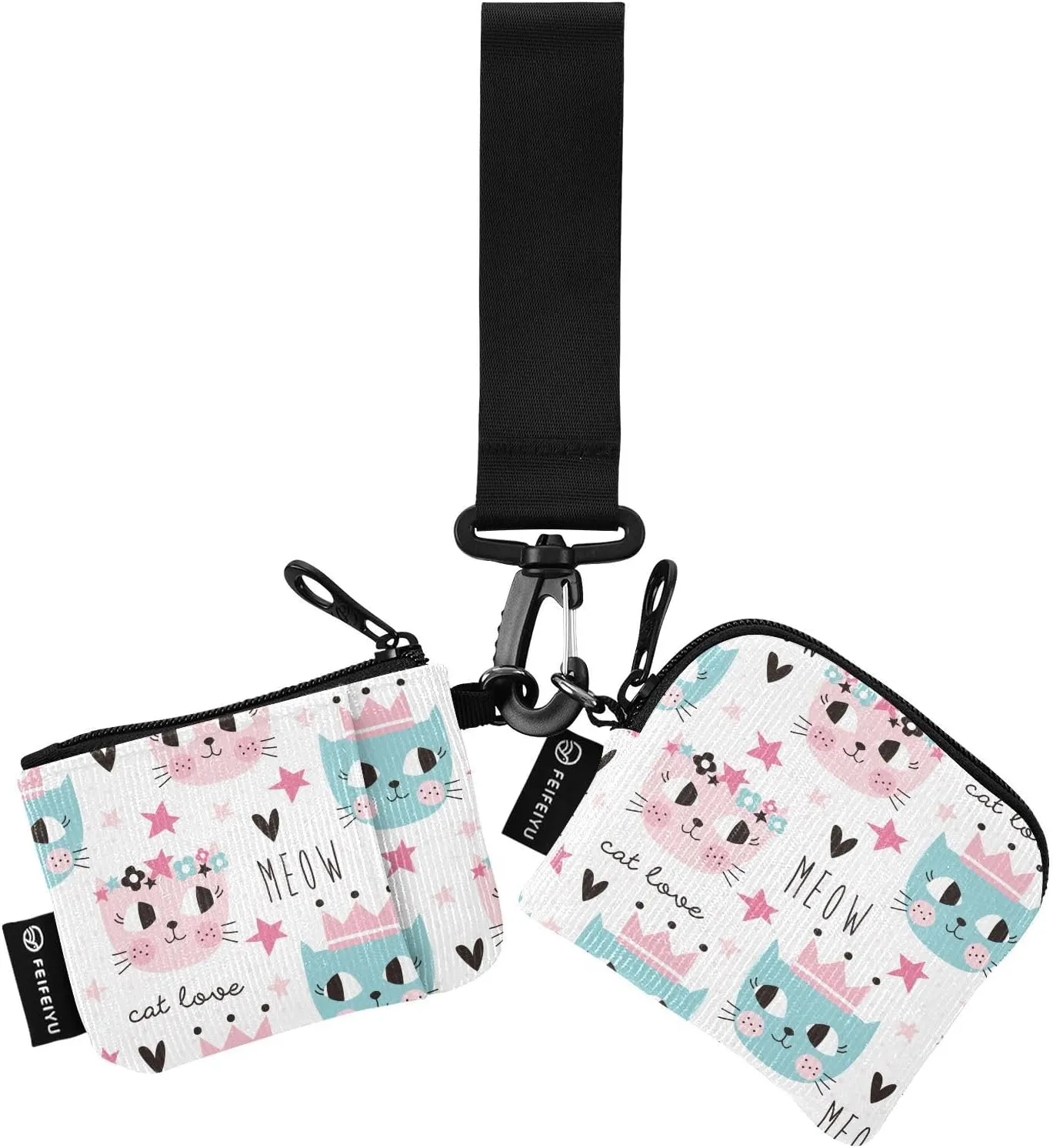 2PCS Coin Purse Wristlet Wallets Keychain Wallet Zip Around Portable Wallet with Detachable Dual Pouch Cute Cats