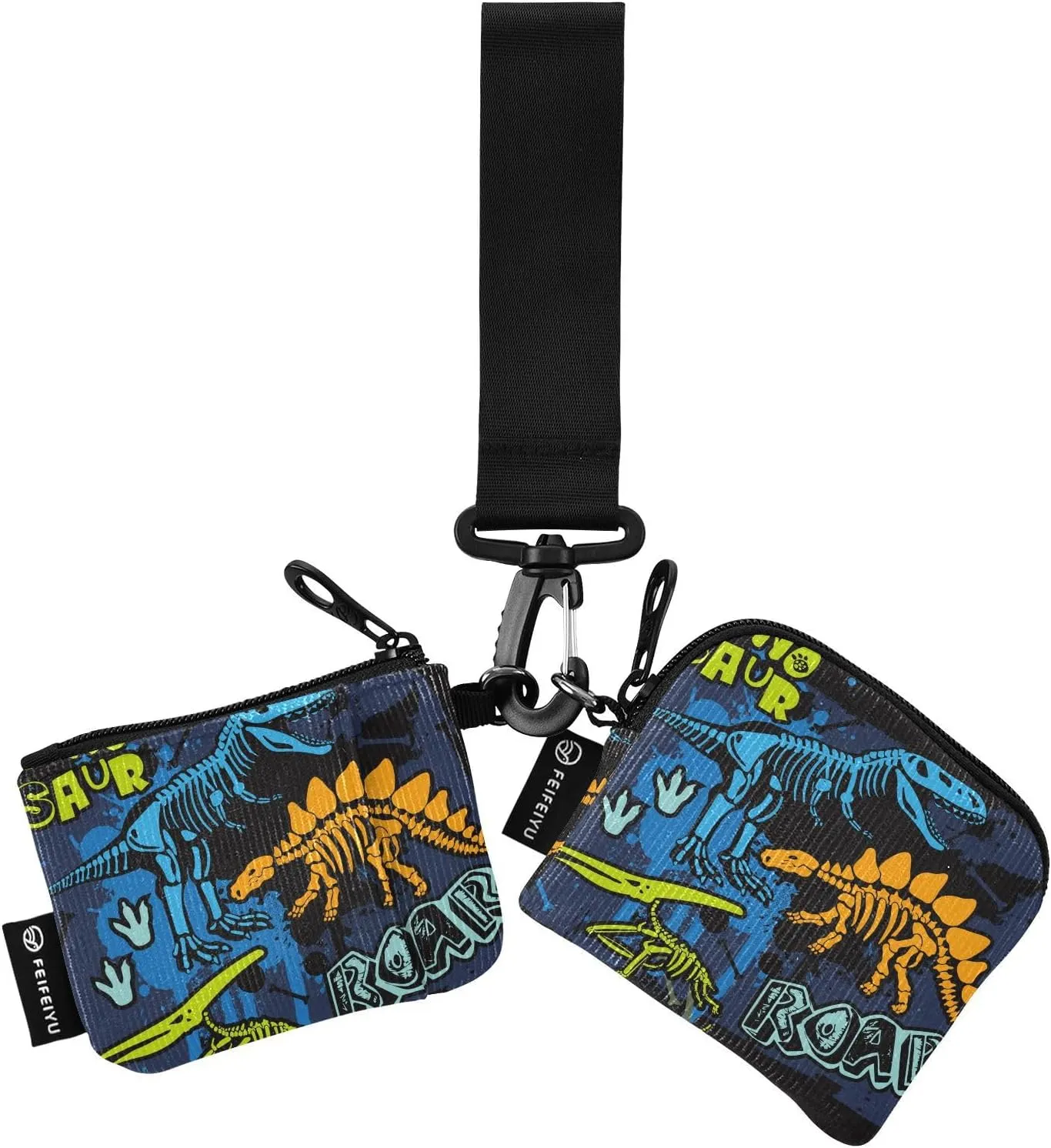 2PCS Coin Purse Wristlet Wallets Keychain Wallet Zip Around Portable Wallet with Detachable Dual Pouch Dinosaur Skeleton