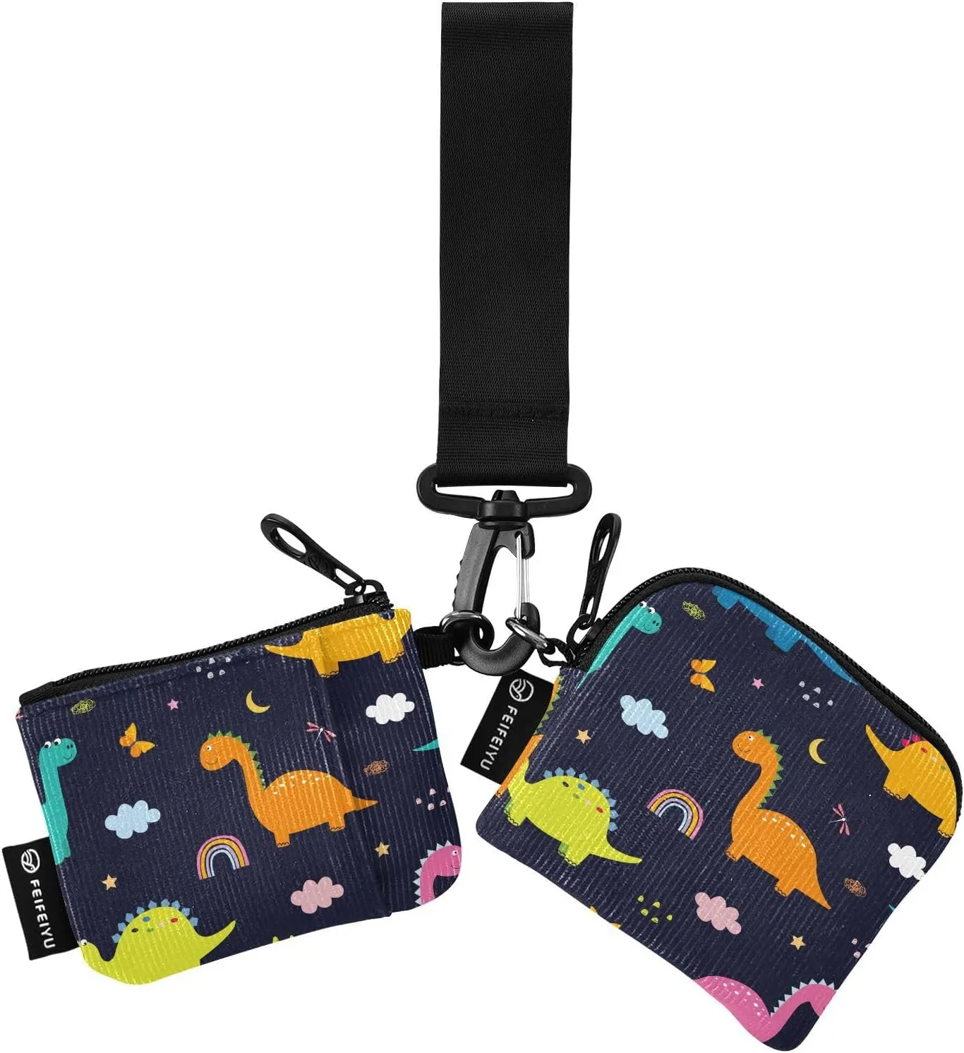 2PCS Coin Purse Wristlet Wallets Keychain Wallet Zip Around Portable Wallet with Detachable Dual Pouch Dinosaurs and Clouds