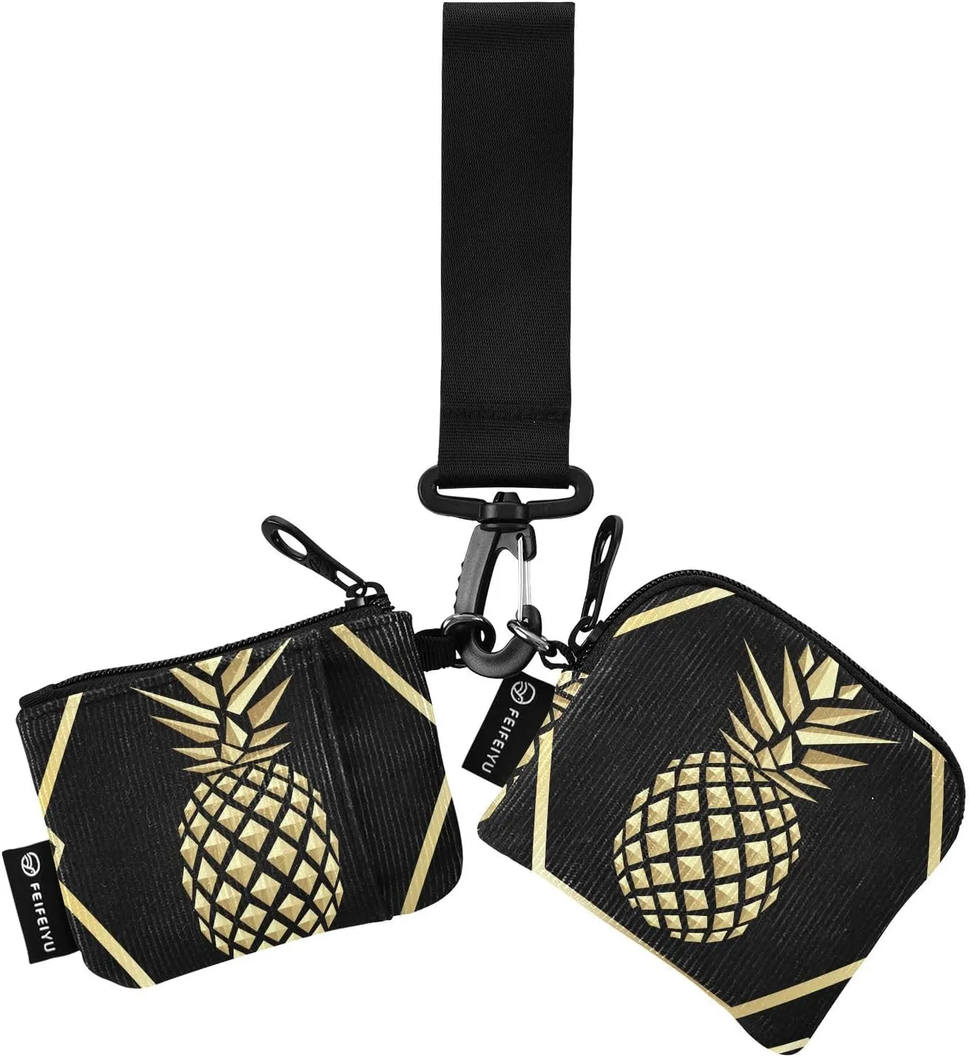 2PCS Coin Purse Wristlet Wallets Keychain Wallet Zip Around Portable Wallet with Detachable Dual Pouch Golden Pineapple