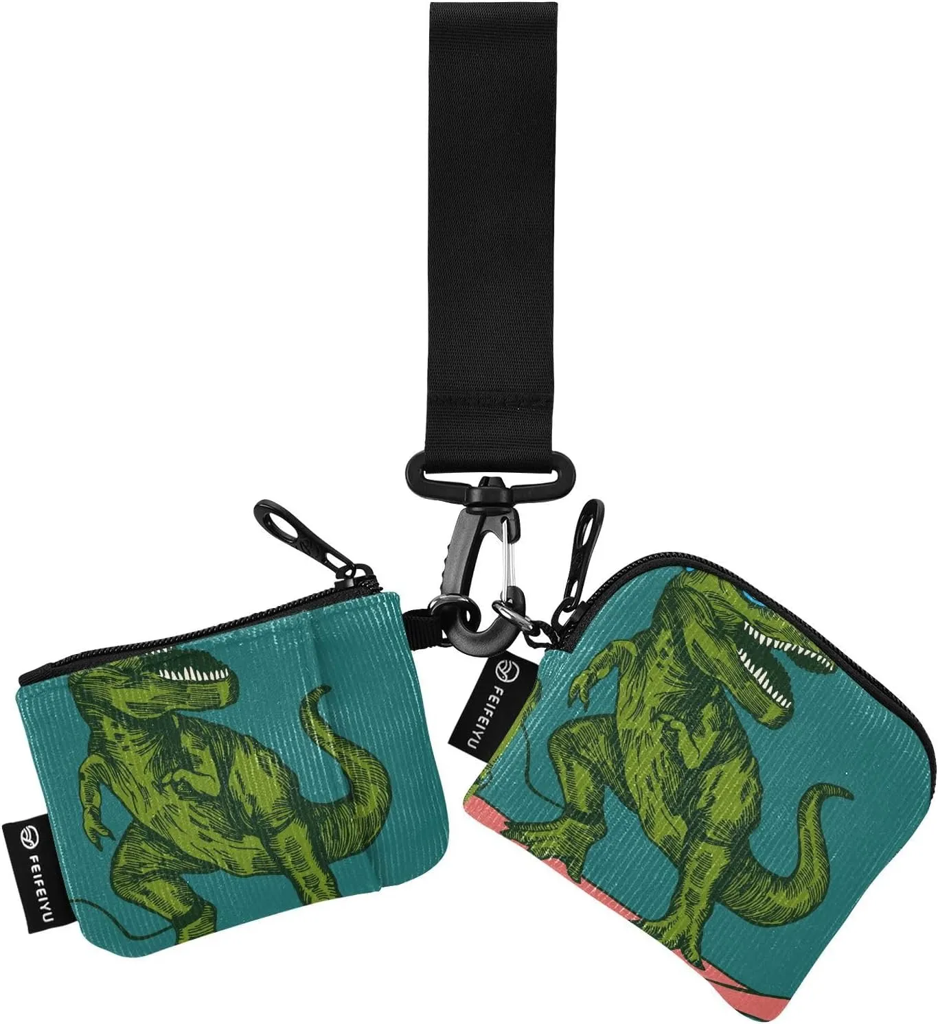 2PCS Coin Purse Wristlet Wallets Keychain Wallet Zip Around Portable Wallet with Detachable Dual Pouch Green Dinosaur
