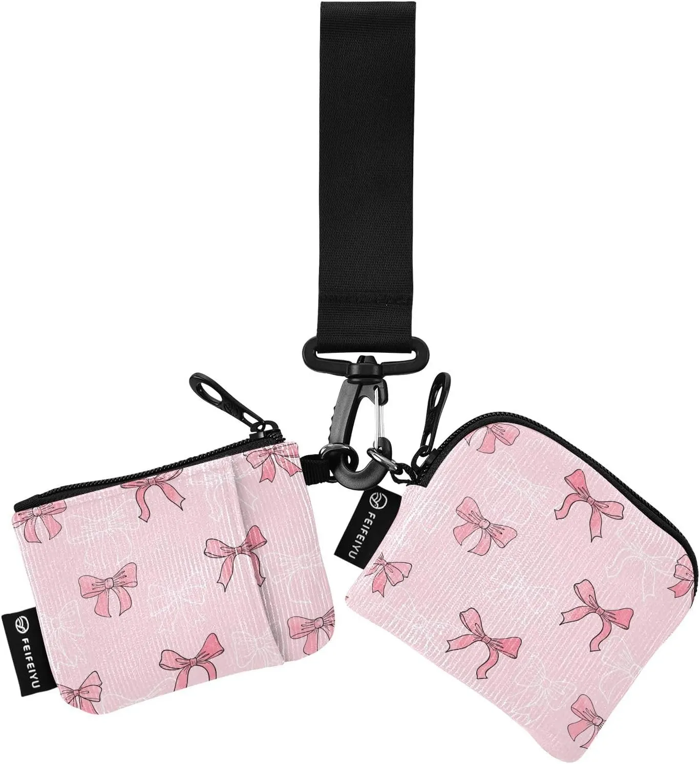 2PCS Coin Purse Wristlet Wallets Keychain Wallet Zip Around Portable Wallet with Detachable Dual Pouch Pink Bows