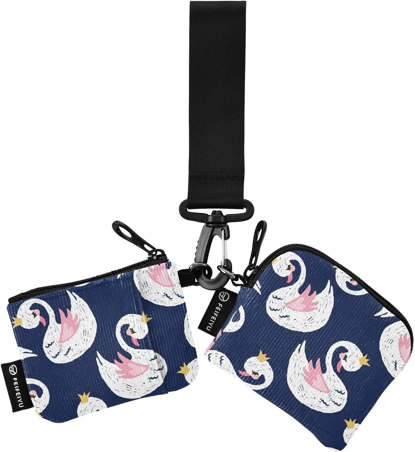 2PCS Coin Purse Wristlet Wallets Keychain Wallet Zip Around Portable Wallet with Detachable Dual Pouch Princess Swan