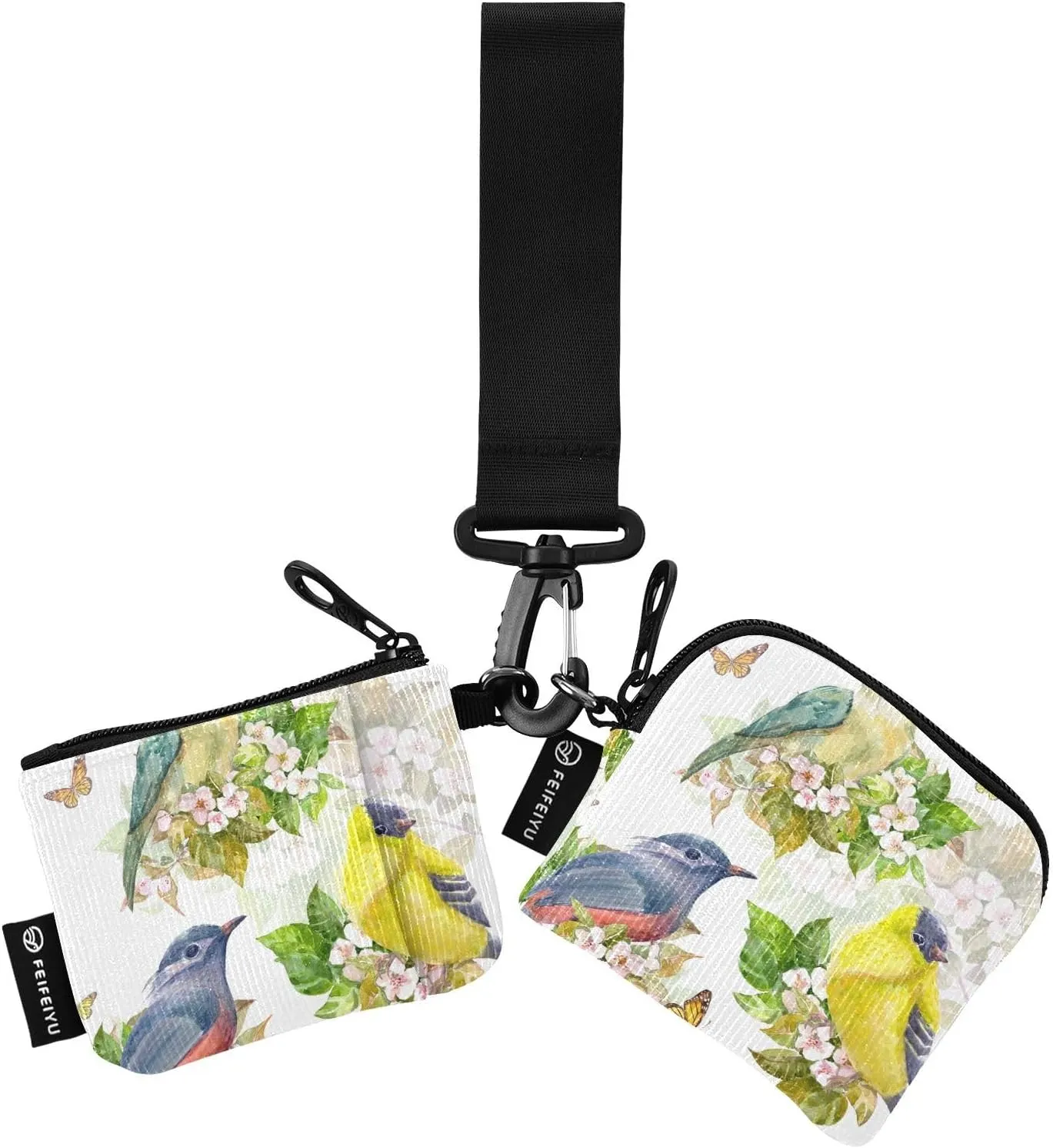 2PCS Coin Purse Wristlet Wallets Keychain Wallet Zip Around Portable Wallet with Detachable Dual Pouch Vintage Cute Birds Painting