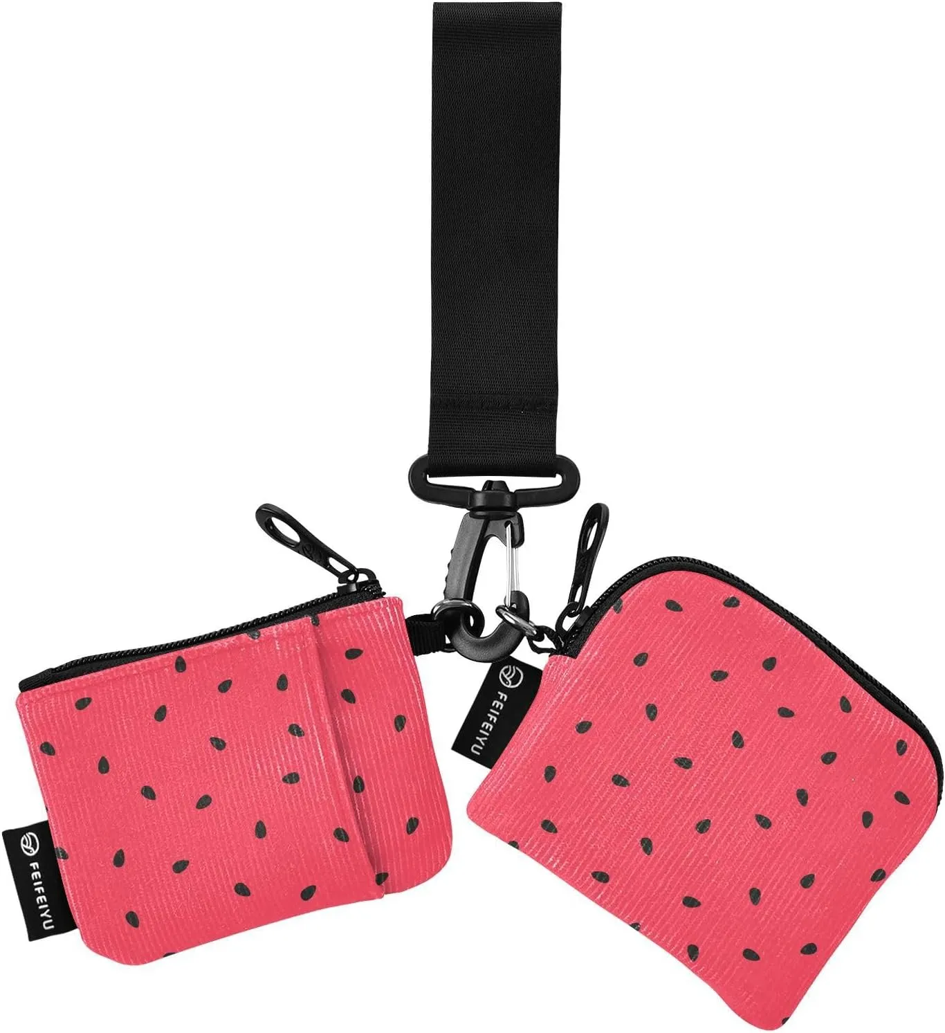 2PCS Coin Purse Wristlet Wallets Keychain Wallet Zip Around Portable Wallet with Detachable Dual Pouch Watermelon With Black Seed
