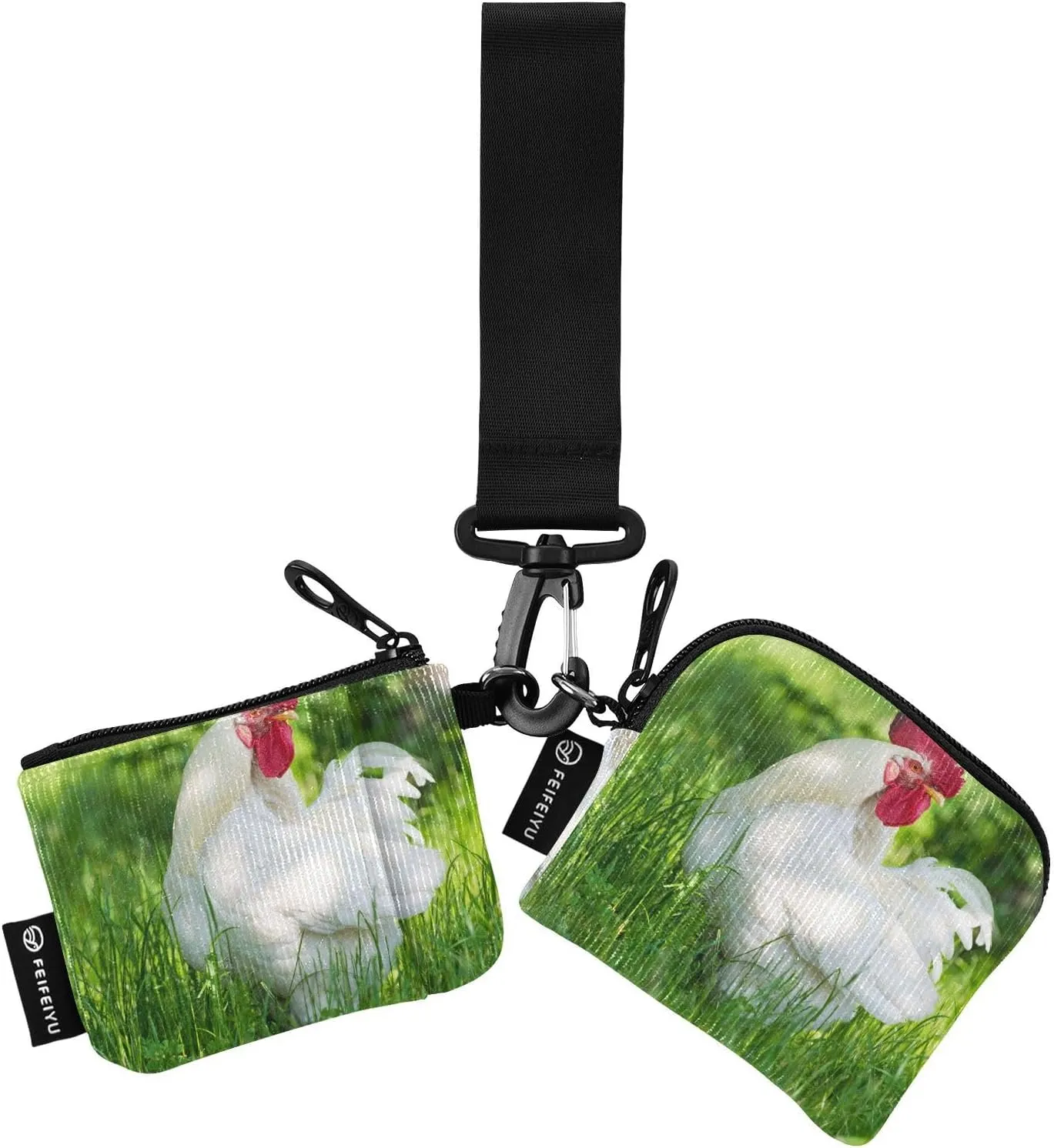 2PCS Coin Purse Wristlet Wallets Keychain Wallet Zip Around Portable Wallet with Detachable Dual Pouch White Rooster
