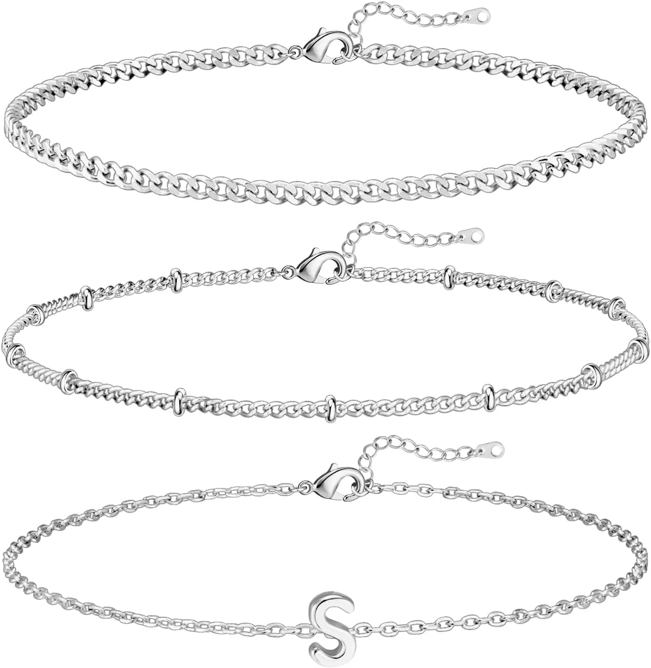 3 Pcs Gold and Silver Bracelets for Women 14K Gold Initaial Bracelet Stackable Letter Charm A-Z Monogram Bracelet Anti Tarnish Jewelry Gifts for Women