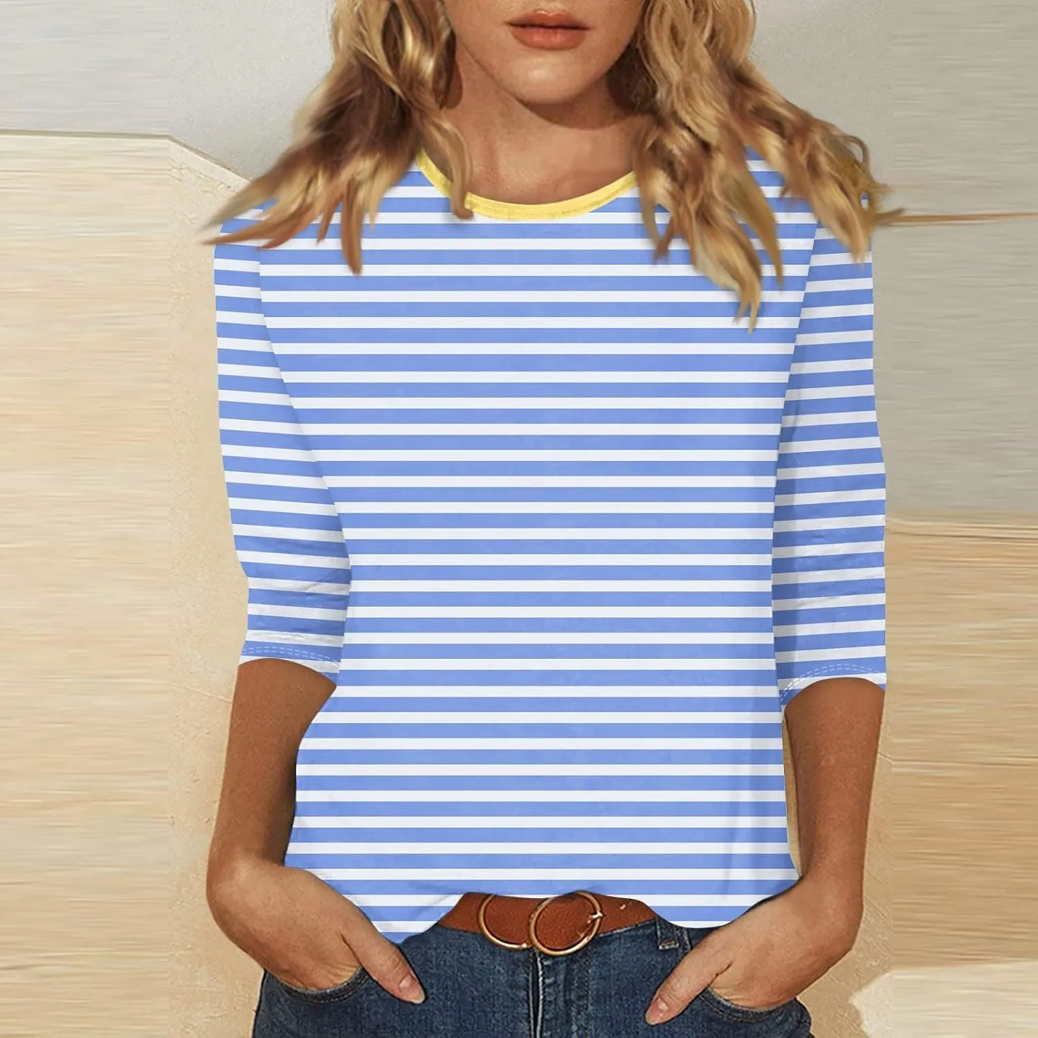 3/4 Length Sleeve Womens Tops Summer Three Quarter Striped Shirts Dressy Casual Printed Tunic Tops Women Blouses
