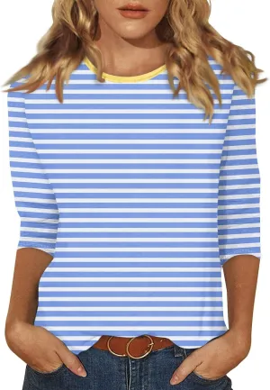 3/4 Length Sleeve Womens Tops Summer Three Quarter Striped Shirts Dressy Casual Printed Tunic Tops Women Blouses