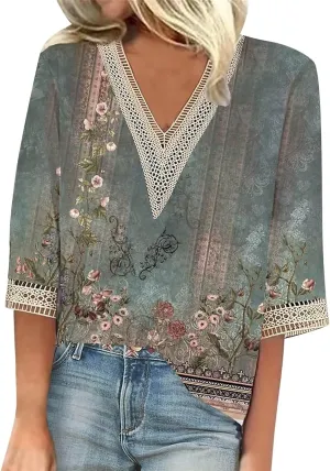 3/4 Sleeve Tee V Neck Hollow Out Women Lace Tops Half Sleeve Cropped T Shirts for Women Gradient Graphic Blouse &