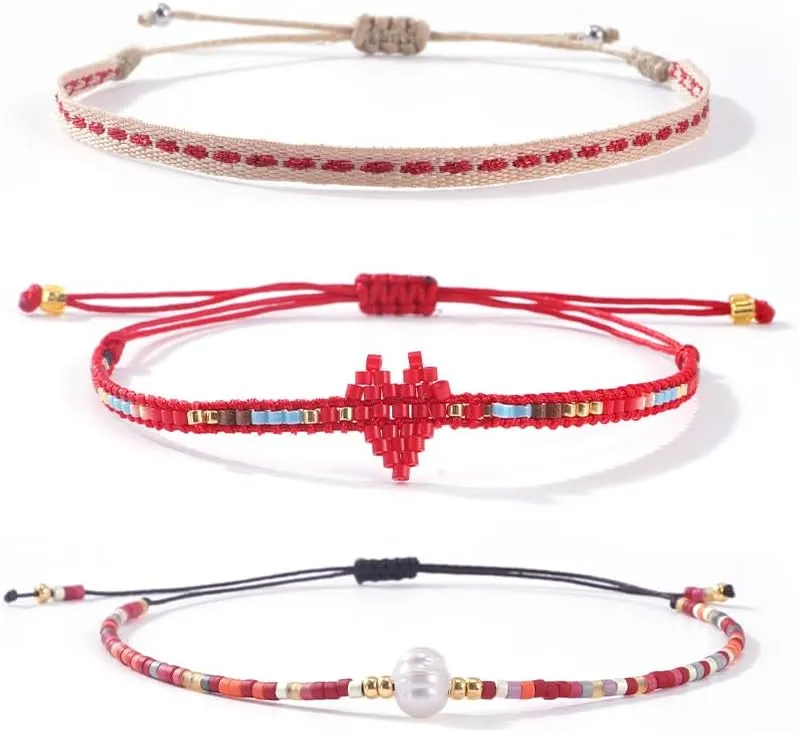 3PCS/set Round Beads Weave Love Heart Pearl Stackable Drawstring Bracelet for Women Fashion Boho Beaded Bracelet,Handmade Jewelry Gift Friendship