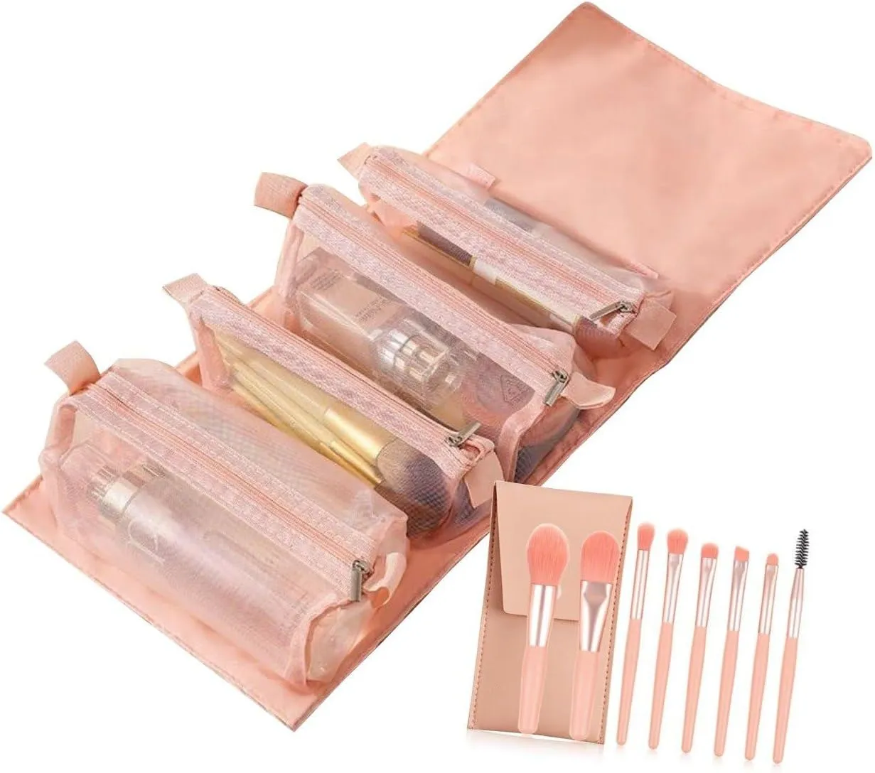 4-in-1 Hanging Travel Toiletry Bag & Makeup Organizer - Eco-Friendly Polyester Roll-Up Cosmetic Bag with 4 Detachable Clear Zipper Pouches & Hook - Large Capacity