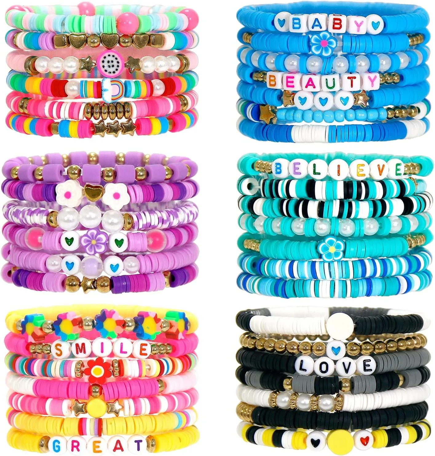 40Pcs Stackable Friendship Bracelets Set, Boho Stretch Bracelets for Women, Elastic Layering Bracelet Bulk for Jewelry Gift Party Favors Supplies