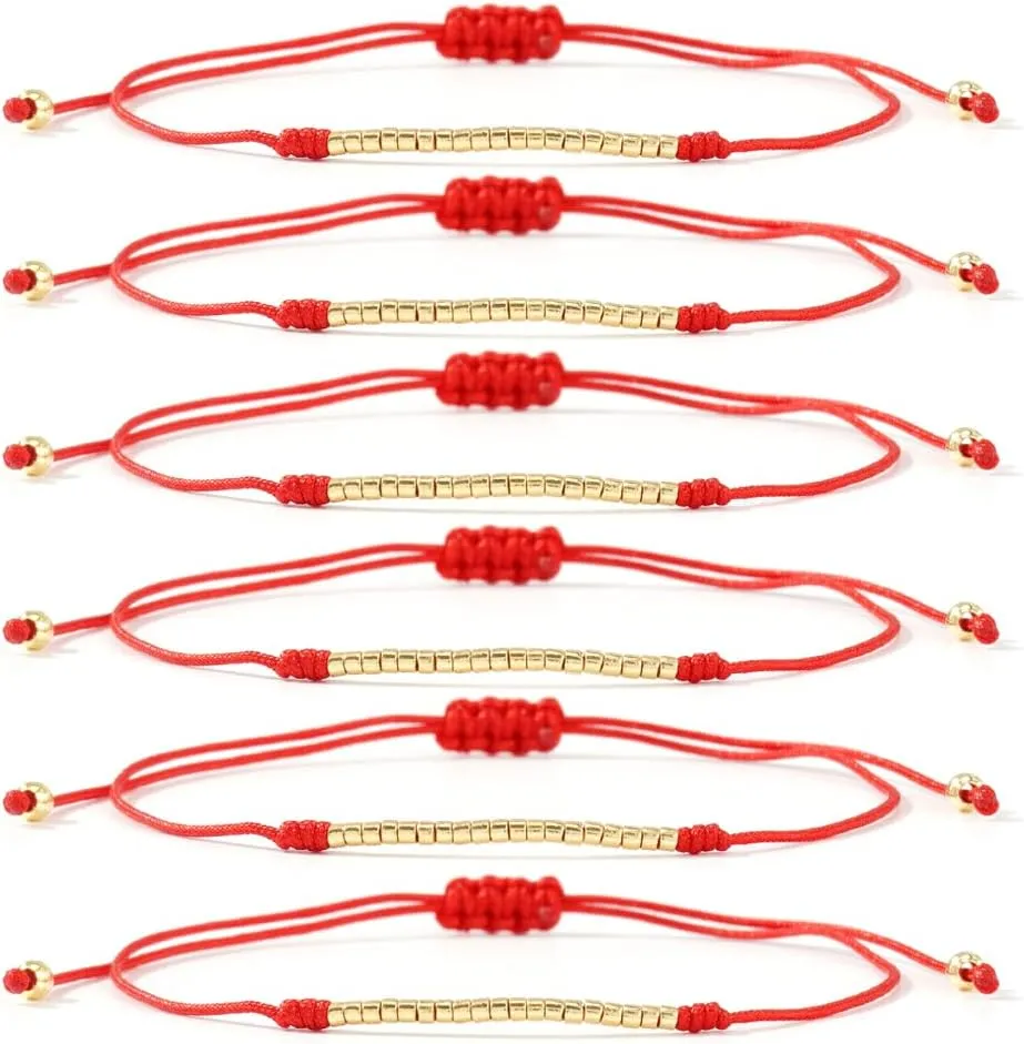 6PCS/set Gold Round Beads Stackable Red Drawstring Bracelet for Women Fashion Boho Beaded Bracelet,Handmade Jewelry Gift Friendship