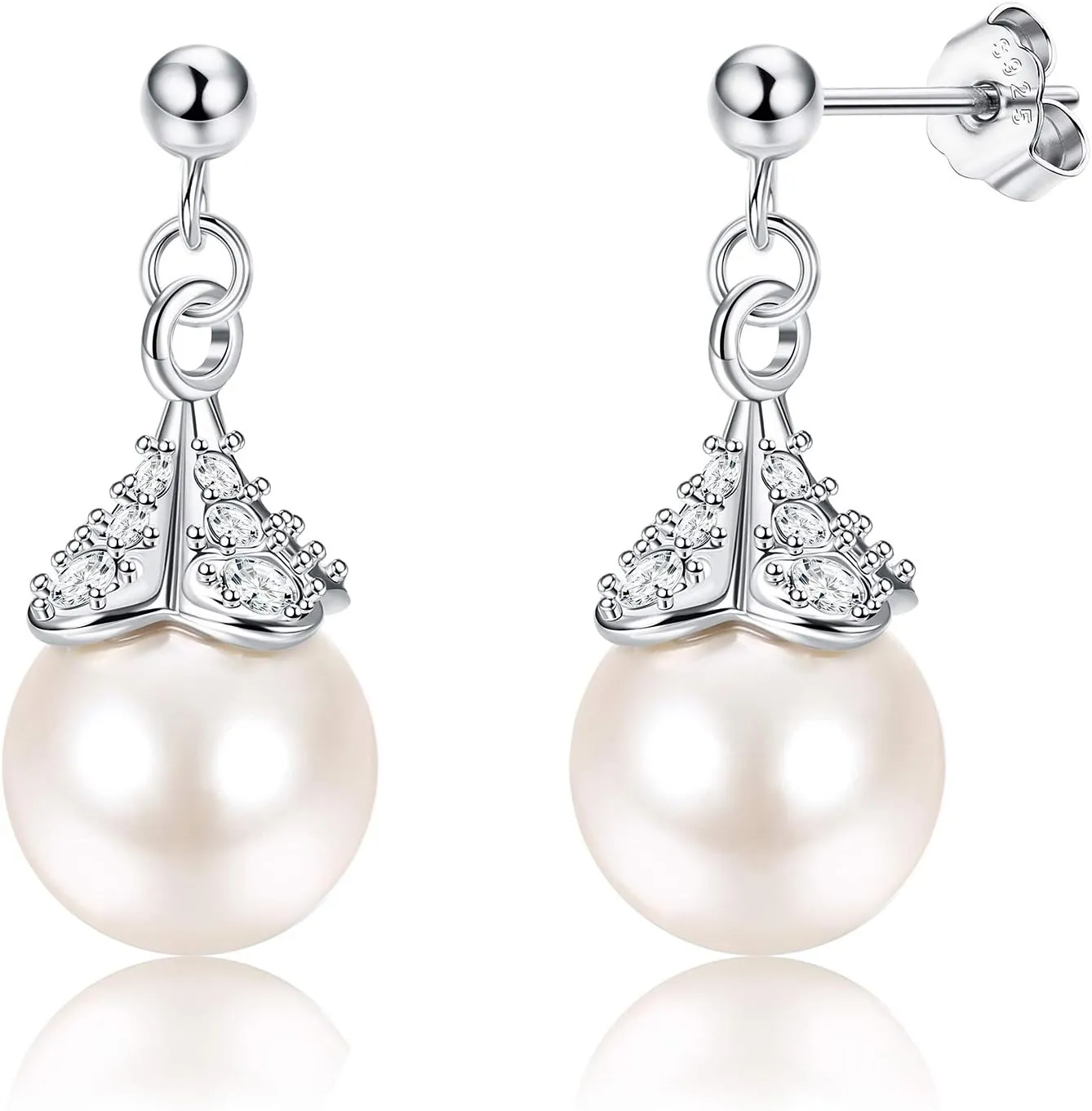 925 Sterling Silver Pearl Earrings for Women Cubic Zirconia Flower Ball Stud Earrings Round White Pearl Drop Earrings Dainty Wedding Jewelry Christmas Gift