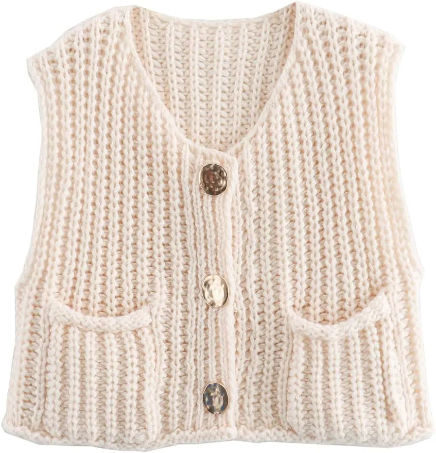 Adoeren Women Chunky Sweater Vest Crewneck Button Down Crochet Sleeveless Cardigan Casual Loose Cap Sleeve Knit Vest