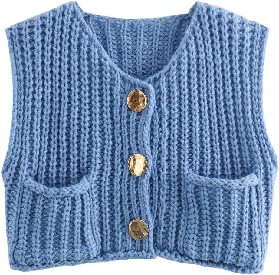 Adoeren Women Chunky Sweater Vest Crewneck Button Down Crochet Sleeveless Cardigan Casual Loose Cap Sleeve Knit Vest
