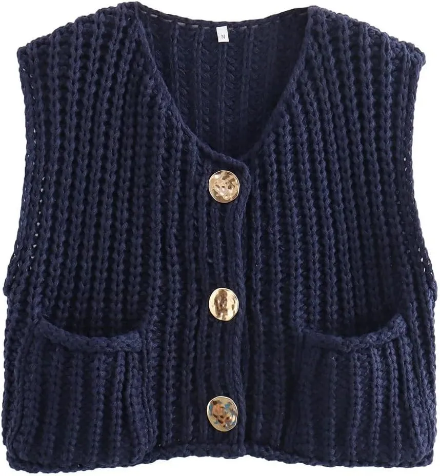 Adoeren Women Chunky Sweater Vest Crewneck Button Down Crochet Sleeveless Cardigan Casual Loose Cap Sleeve Knit Vest