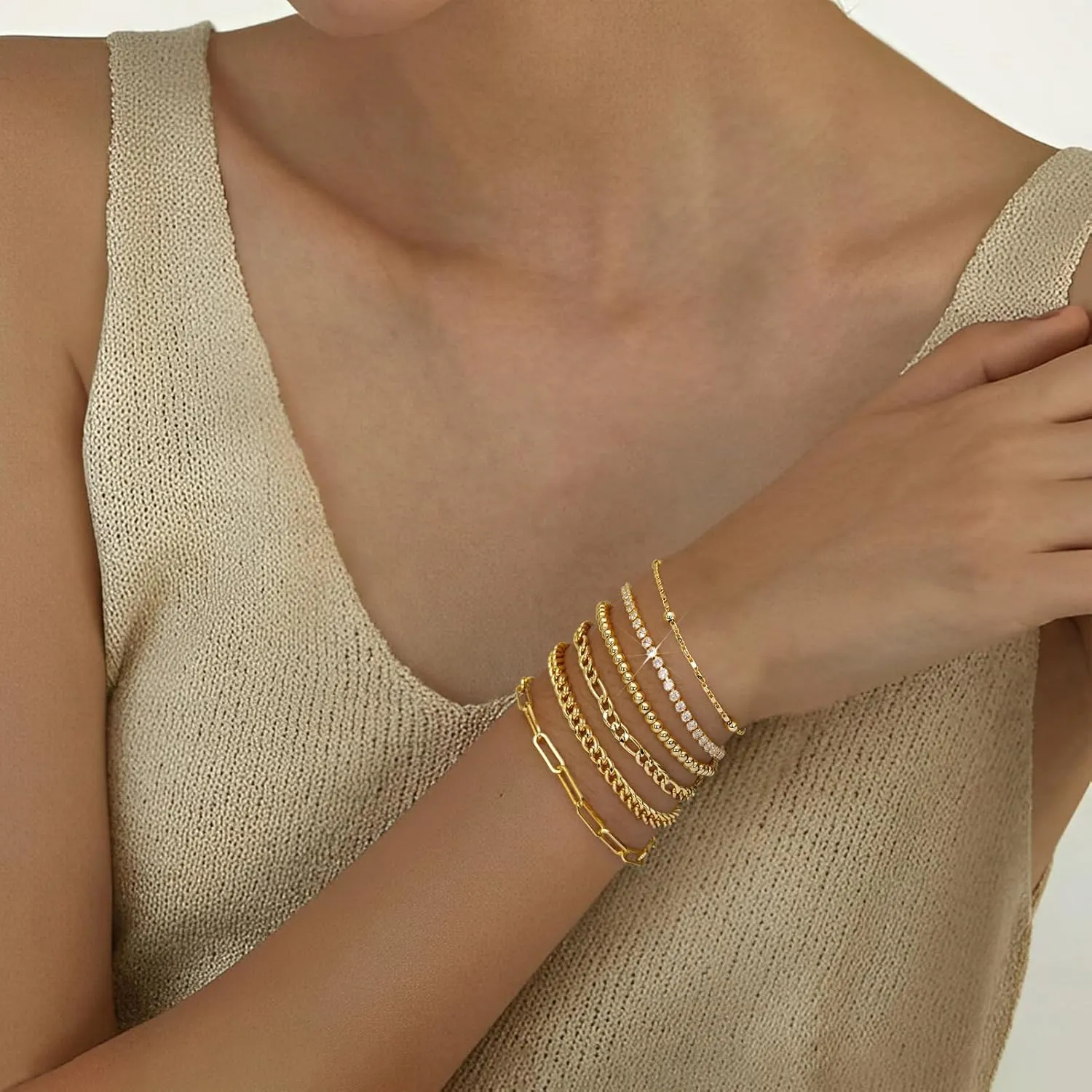 adoyi Gold Bracelets for Women, 14K Gold Plated Stackable Bracelet Stack Set Adjustable Charm Paperclip Chain Cuban Link Layered Waterproof Jewelry Sets Gifts for Womens 6.0/6.8/7.2"