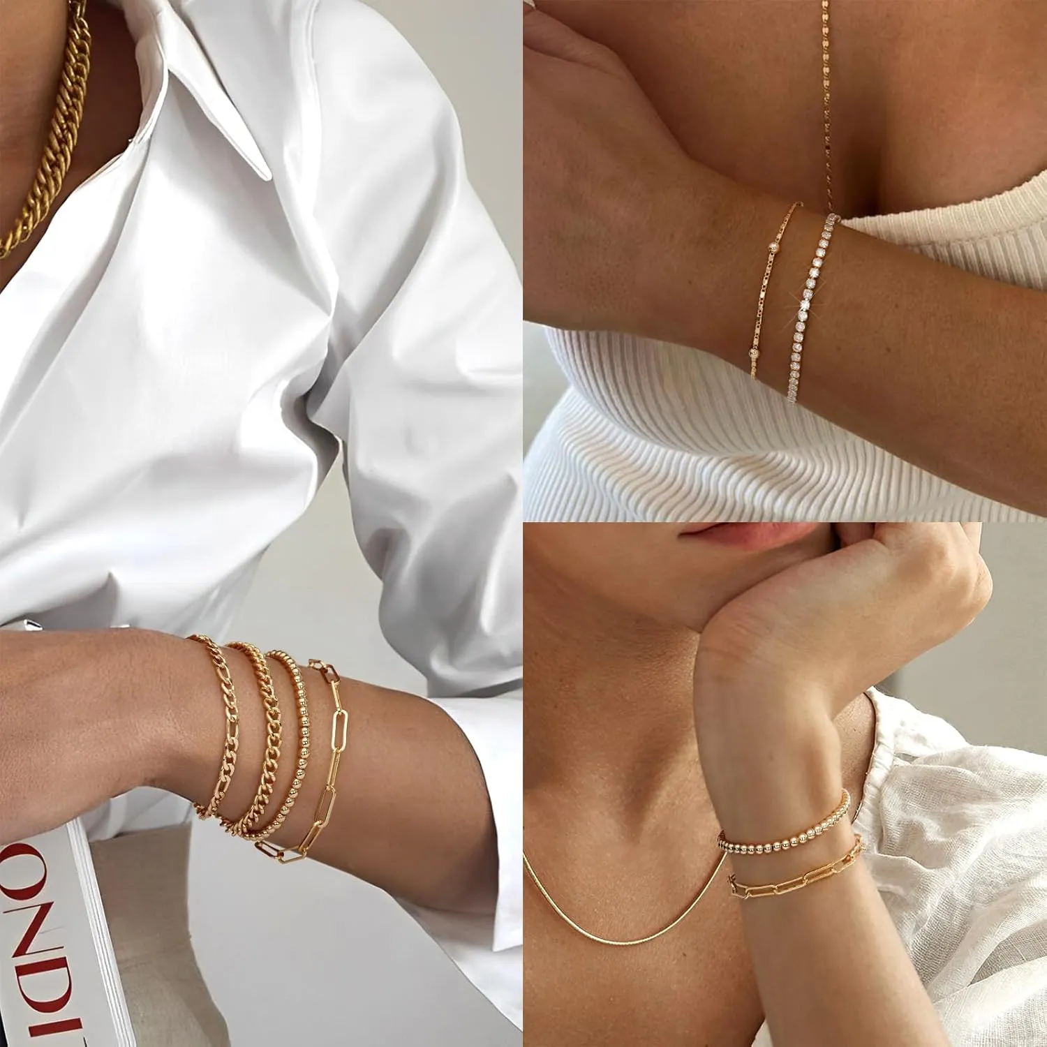 adoyi Gold Bracelets for Women, 14K Gold Plated Stackable Bracelet Stack Set Adjustable Charm Paperclip Chain Cuban Link Layered Waterproof Jewelry Sets Gifts for Womens 6.0/6.8/7.2"
