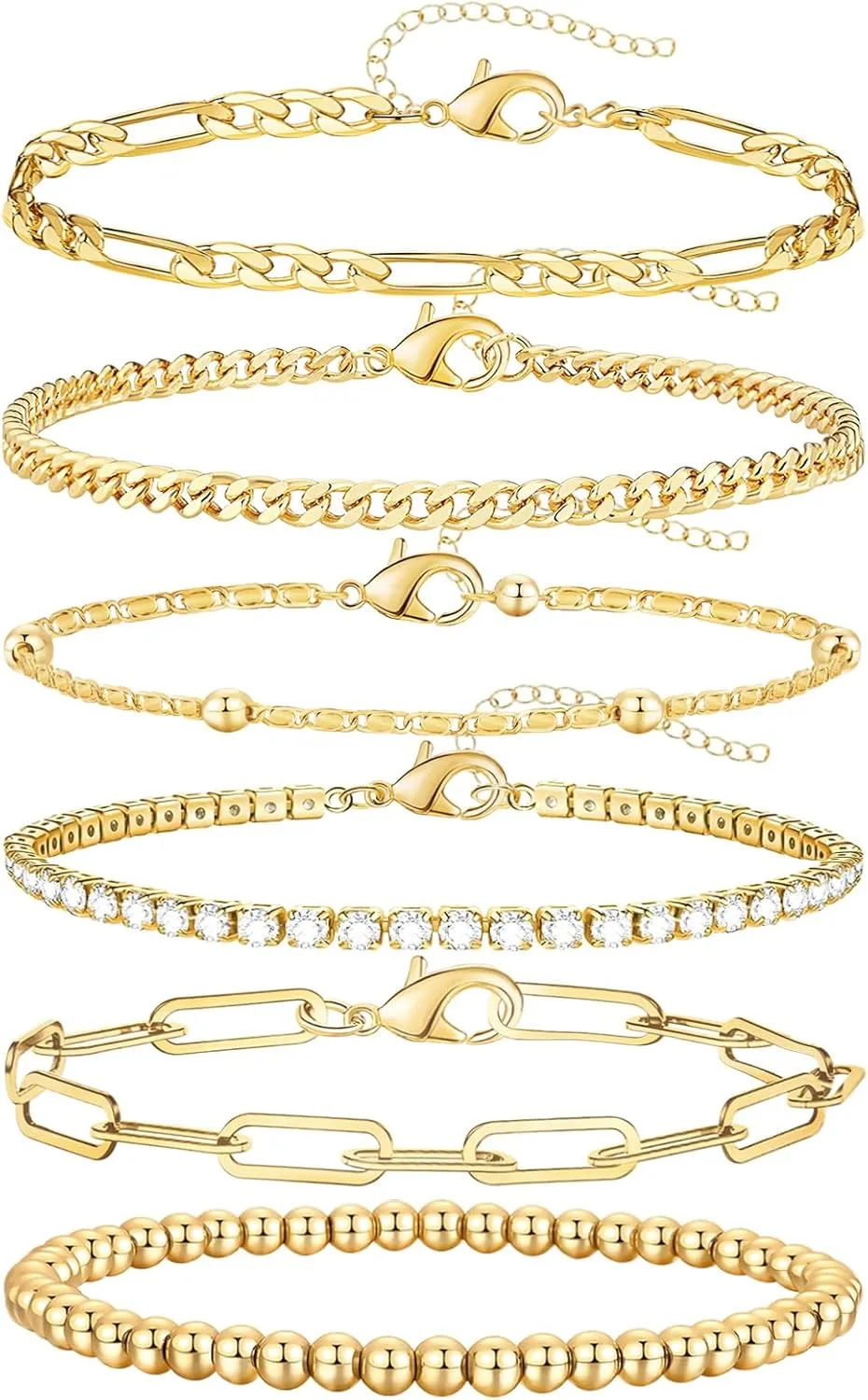 adoyi Gold Bracelets for Women, 14K Gold Plated Stackable Bracelet Stack Set Adjustable Charm Paperclip Chain Cuban Link Layered Waterproof Jewelry Sets Gifts for Womens 6.0/6.8/7.2"