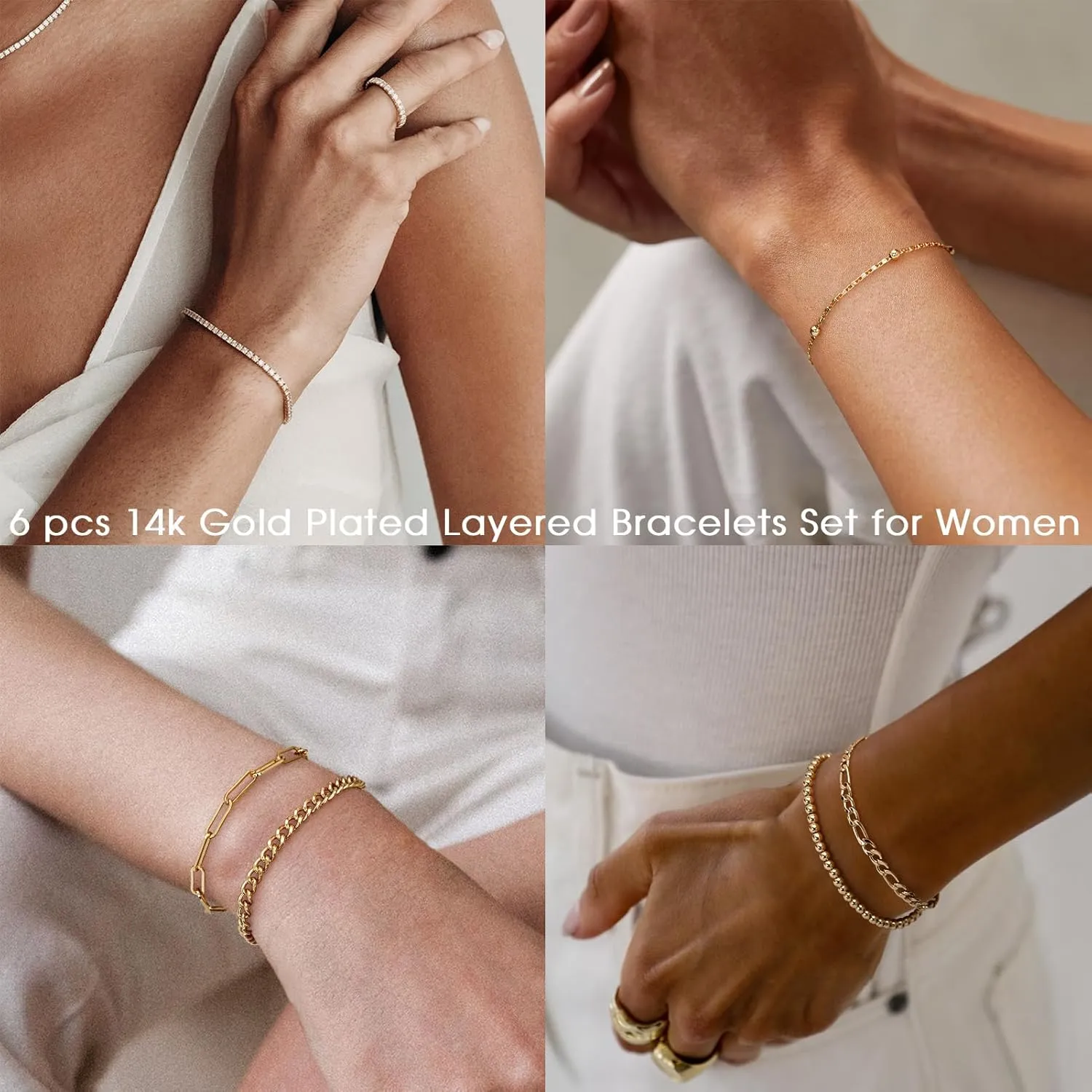 adoyi Gold Bracelets for Women, 14K Gold Plated Stackable Bracelet Stack Set Adjustable Charm Paperclip Chain Cuban Link Layered Waterproof Jewelry Sets Gifts for Womens 6.0/6.8/7.2"