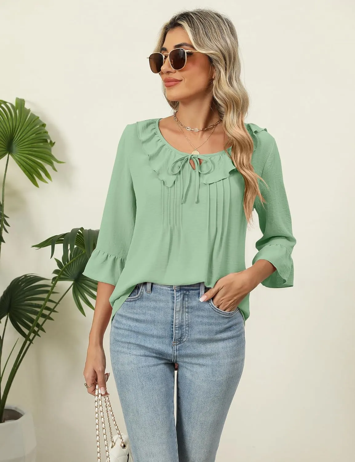 AKEWEI Womens 3/4 Length Sleeve Scoop Neck Tops Summer Tie Front Ruffle Shirts Casual Bell Sleeve Pleated Blouses 2025