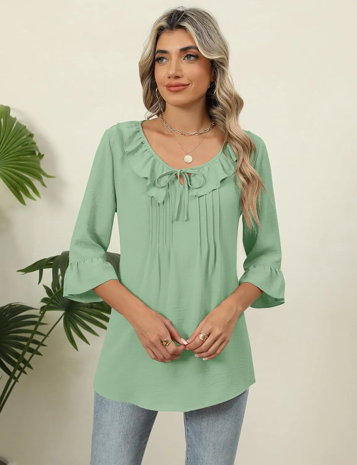 AKEWEI Womens 3/4 Length Sleeve Scoop Neck Tops Summer Tie Front Ruffle Shirts Casual Bell Sleeve Pleated Blouses 2025
