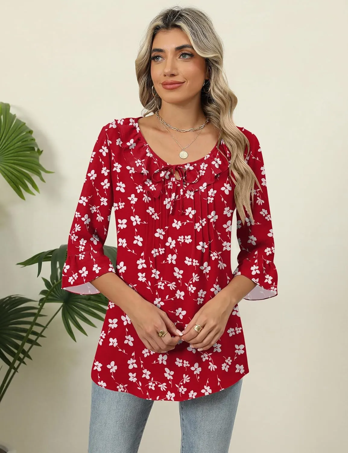 AKEWEI Womens 3/4 Length Sleeve Scoop Neck Tops Summer Tie Front Ruffle Shirts Casual Bell Sleeve Pleated Blouses 2025