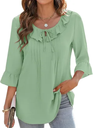 AKEWEI Womens 3/4 Length Sleeve Scoop Neck Tops Summer Tie Front Ruffle Shirts Casual Bell Sleeve Pleated Blouses 2025