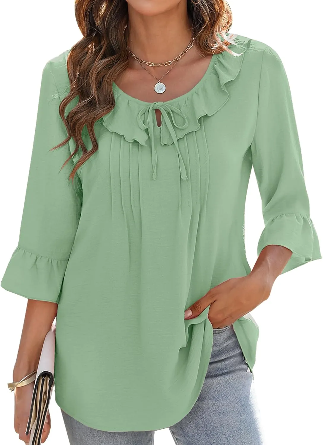 AKEWEI Womens 3/4 Length Sleeve Scoop Neck Tops Summer Tie Front Ruffle Shirts Casual Bell Sleeve Pleated Blouses 2025