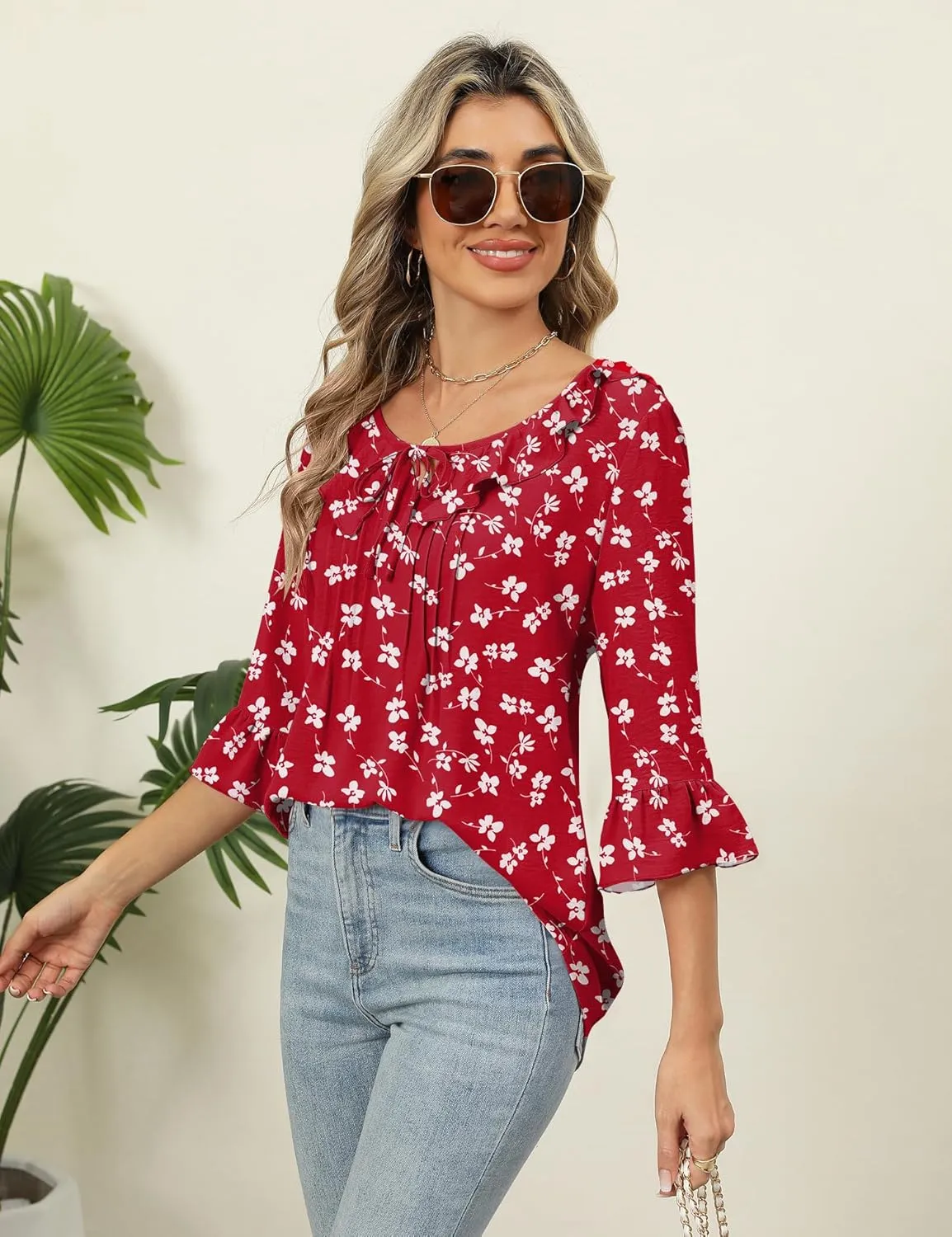 AKEWEI Womens 3/4 Length Sleeve Scoop Neck Tops Summer Tie Front Ruffle Shirts Casual Bell Sleeve Pleated Blouses 2025